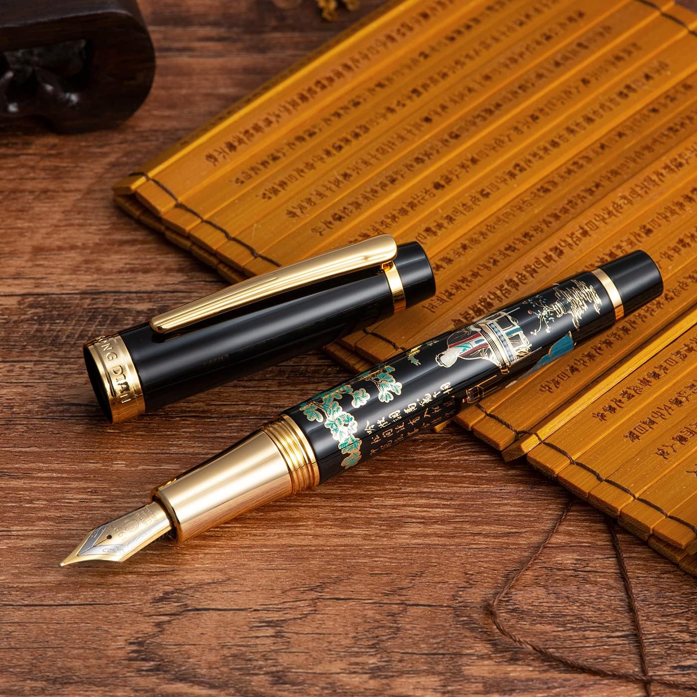 Hongdian 231 Chinese Classical Fountain Pen, Iridum Extra Fine Gold Nib with Chinese Painting Design, Smooth Writing Pen with Ink Converter and Metal Pen Box Set