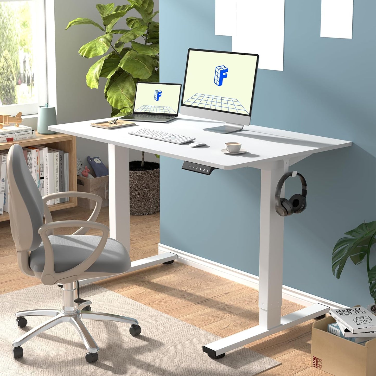 FLEXISPOT EN1 One-Piece Standing Desk, 48 x 24 Inches Electric Height Adjustable Desk for Home Office (White Frame + White Desktop)