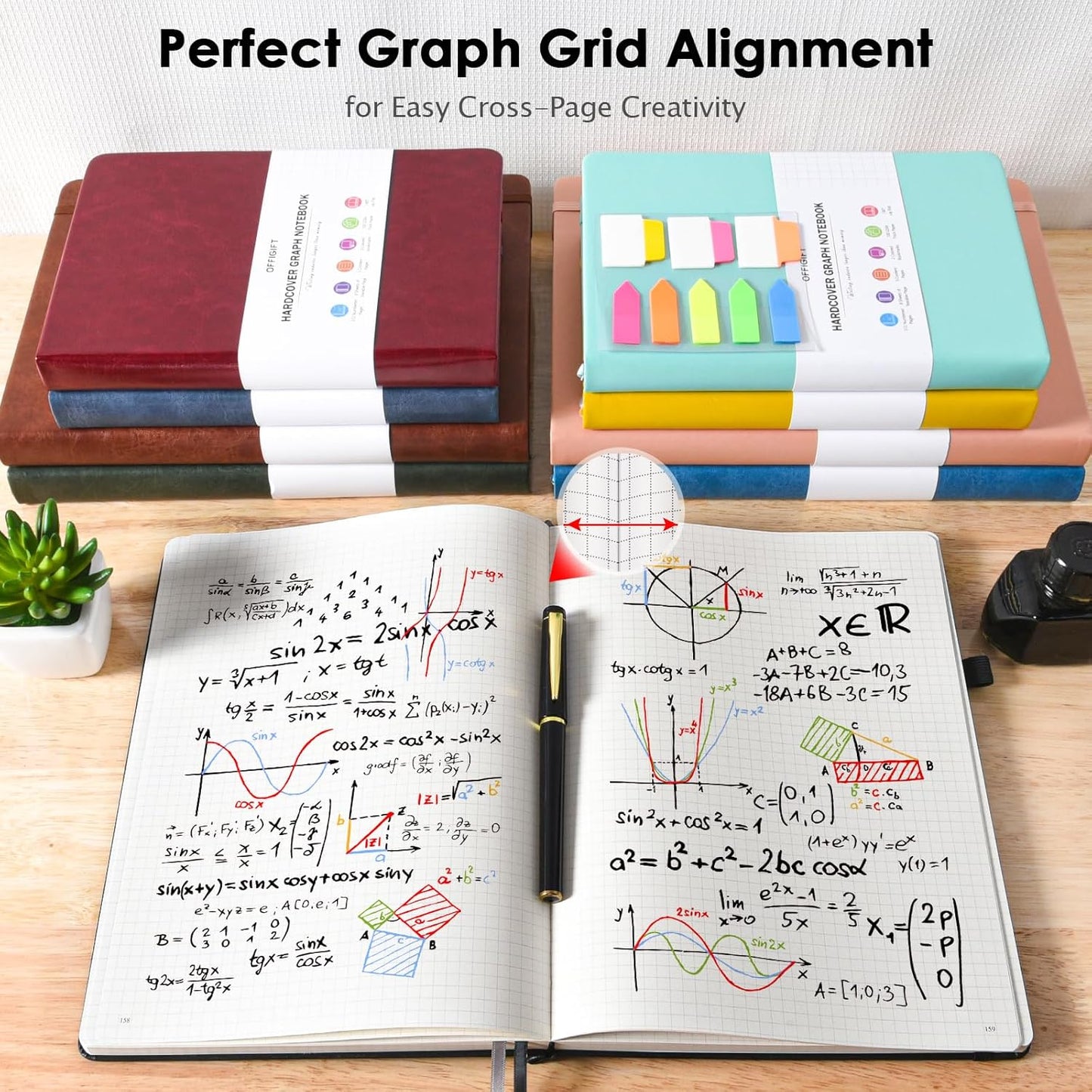 Graph Paper Notebook, 312 Numbered Pages Large A4 Hardcover Leather Journal, 100gsm No Bleed Grid Paper Notebook with Index Pages, Squared Grid Notebook for Graphing Notes Math, 8.5'' × 11'', Black