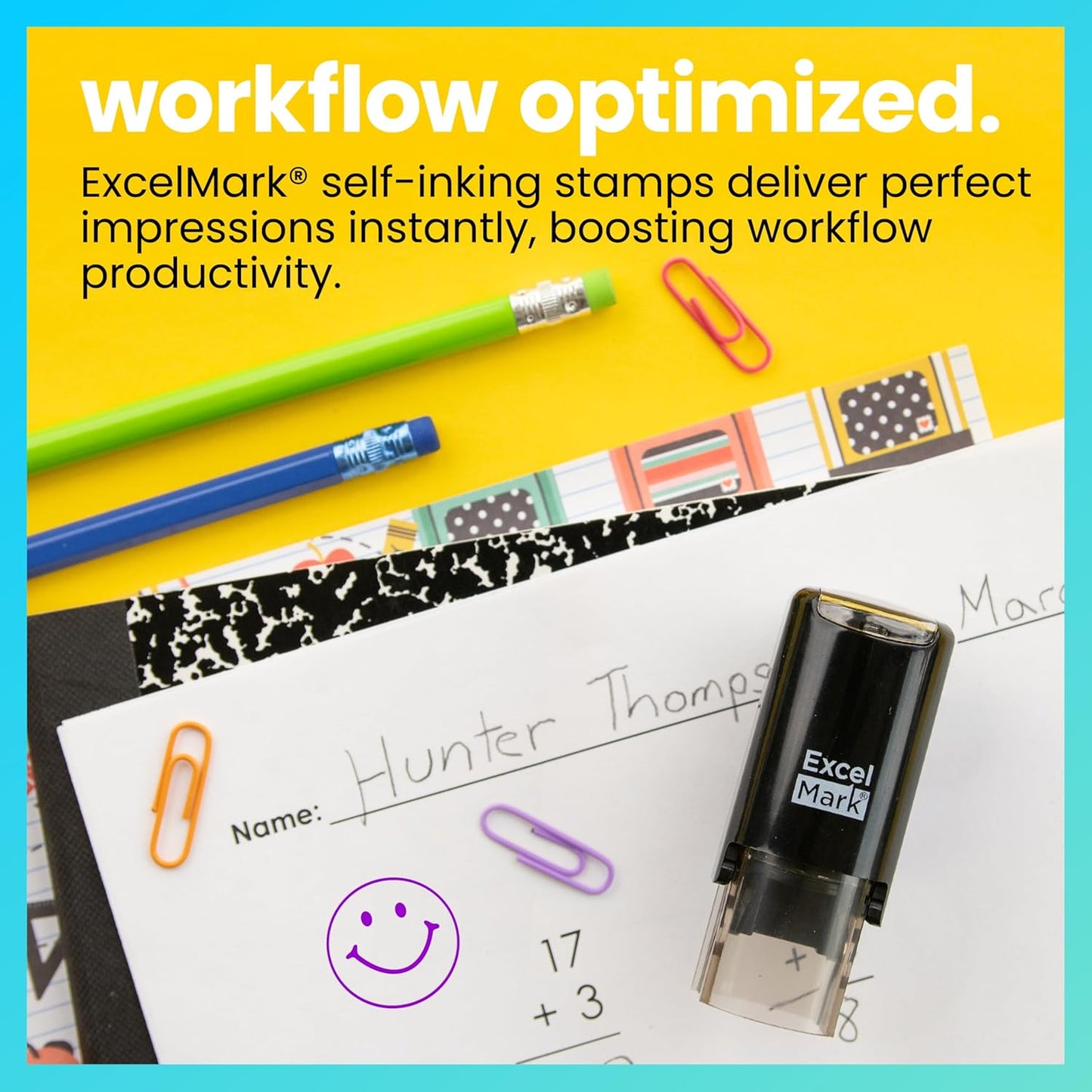 ExcelMark Smiley FACE - Self-Inking Round Teacher Stamp - Purple Ink