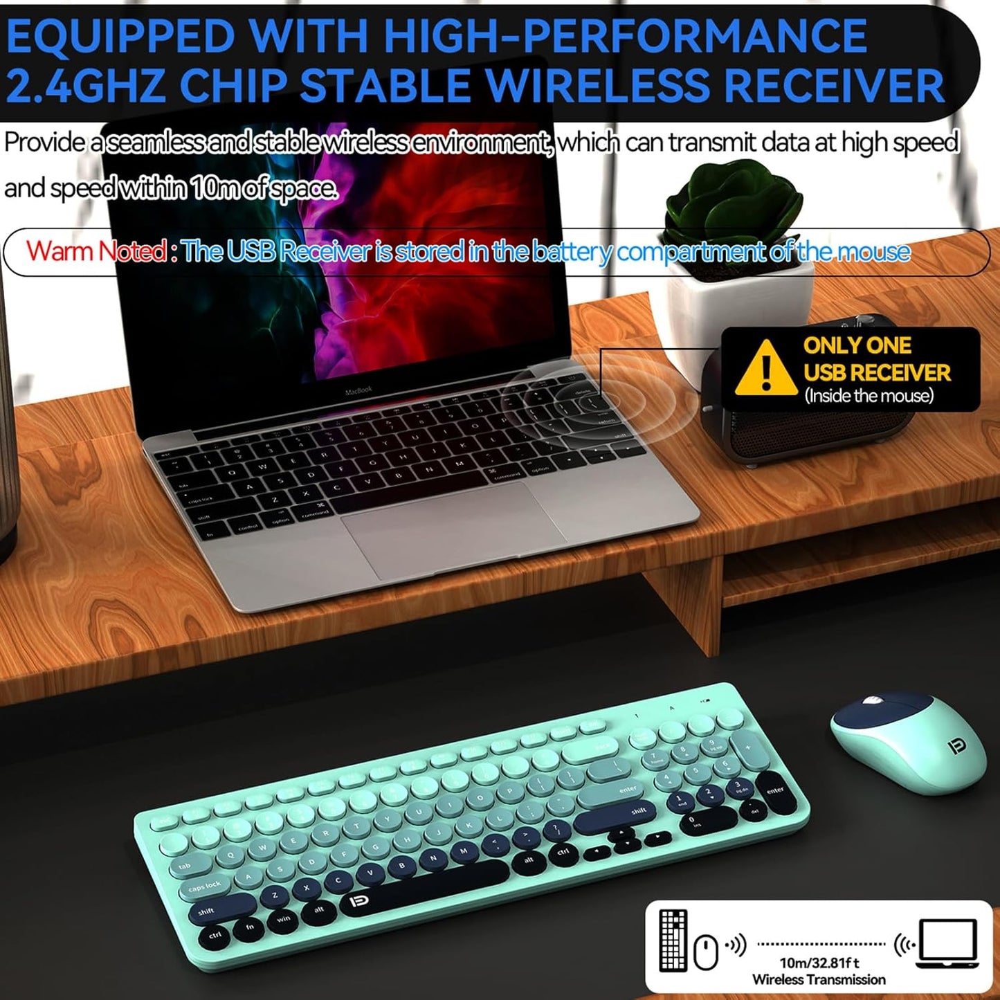 FD Wireless Keyboards and Mouse Combo - 2.4GHz USB Cordless, Cute Wireless Keyboard Round Keys, Quiet and Slim Set for Laptop, Computer, TV and Mac - Indigo Blue Colorful