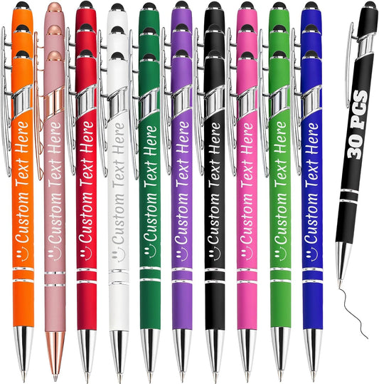 Personalized Pens Bulk 30 with Name Custom Engraving Ballpoint Pens with Stylus Tip Customized Smooth Writing Pens Personalized Gifts for Anniversary Birthday or Graduation(Assorted,Black Ink)