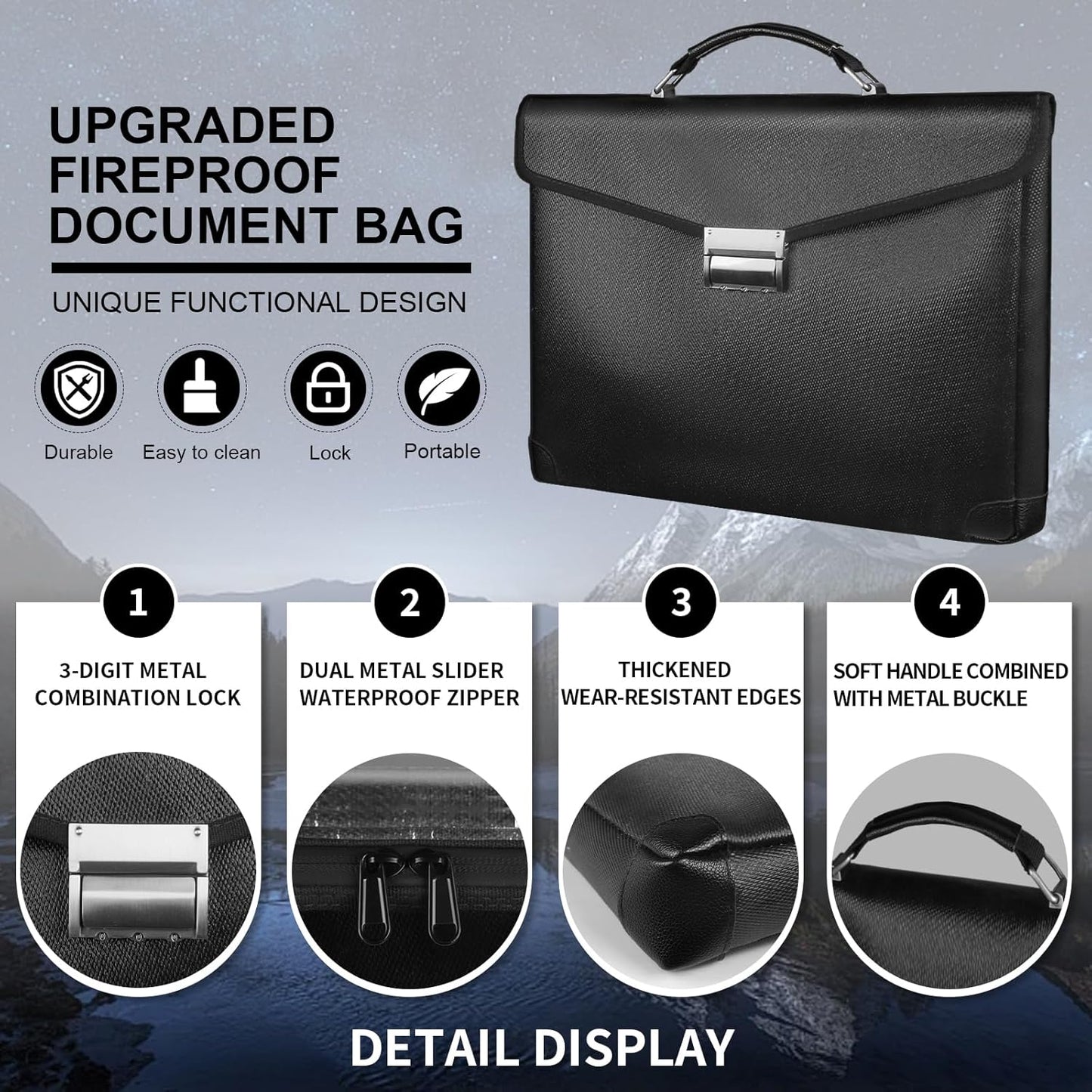 Fireproof Document Bag 14.5"X11"X2.5" Fireproof Money Bag for Cash With Lock and Zipper,Fire&Waterproof Storage Organizer Pouch for Valuables,Legal Document,Laptop,Passport,(Black)