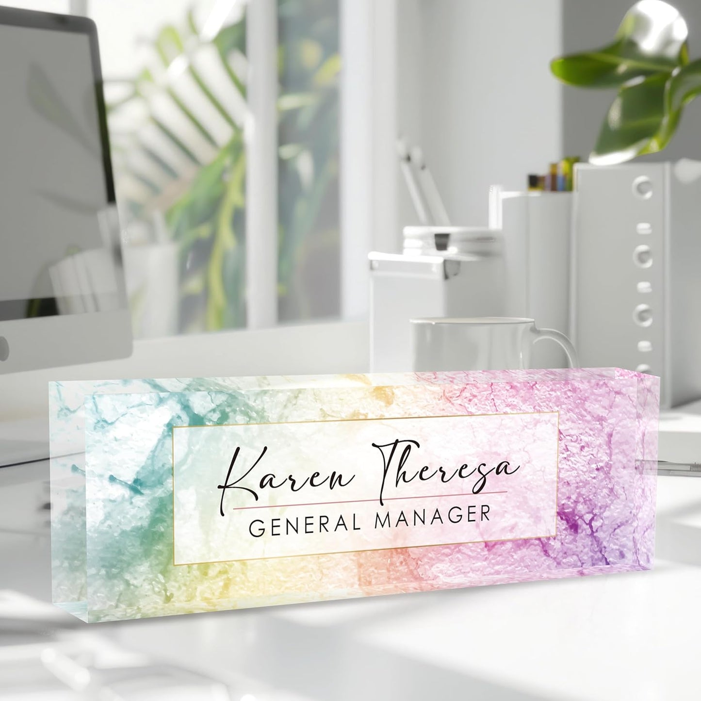 Custom Office Name Plate, Personalized Gifts for Women & Men, Appreciation Gifts for Employees, Boss, Teacher - Rainbow Texture Desk Accessory
