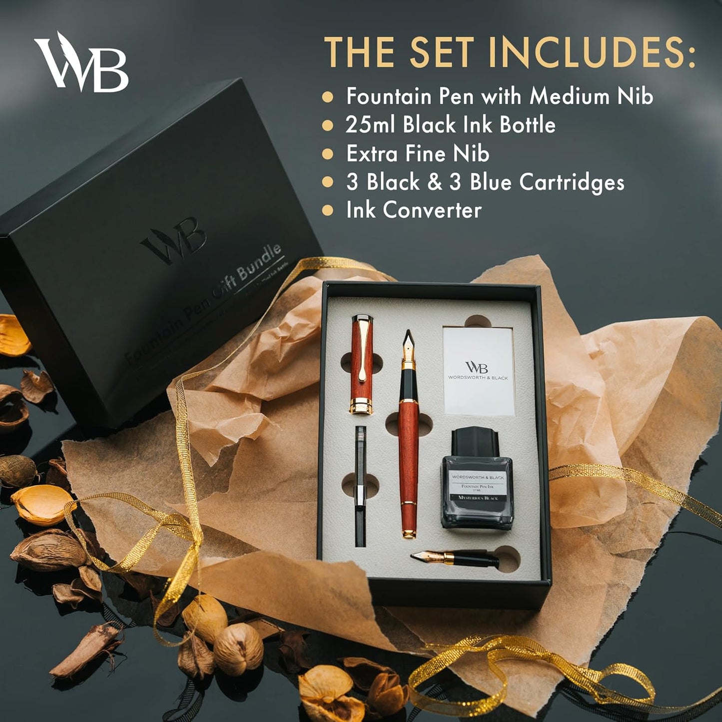 Wordsworth & Black Fountain Pen Set, Luxury Bamboo Wood - Medium Nib, Extra Fine Nib, Gift Case; 25ML Black Ink Bottle, 6 Ink Cartridges, Refill Converter - Calligraphy, Writing [Brown Wood]