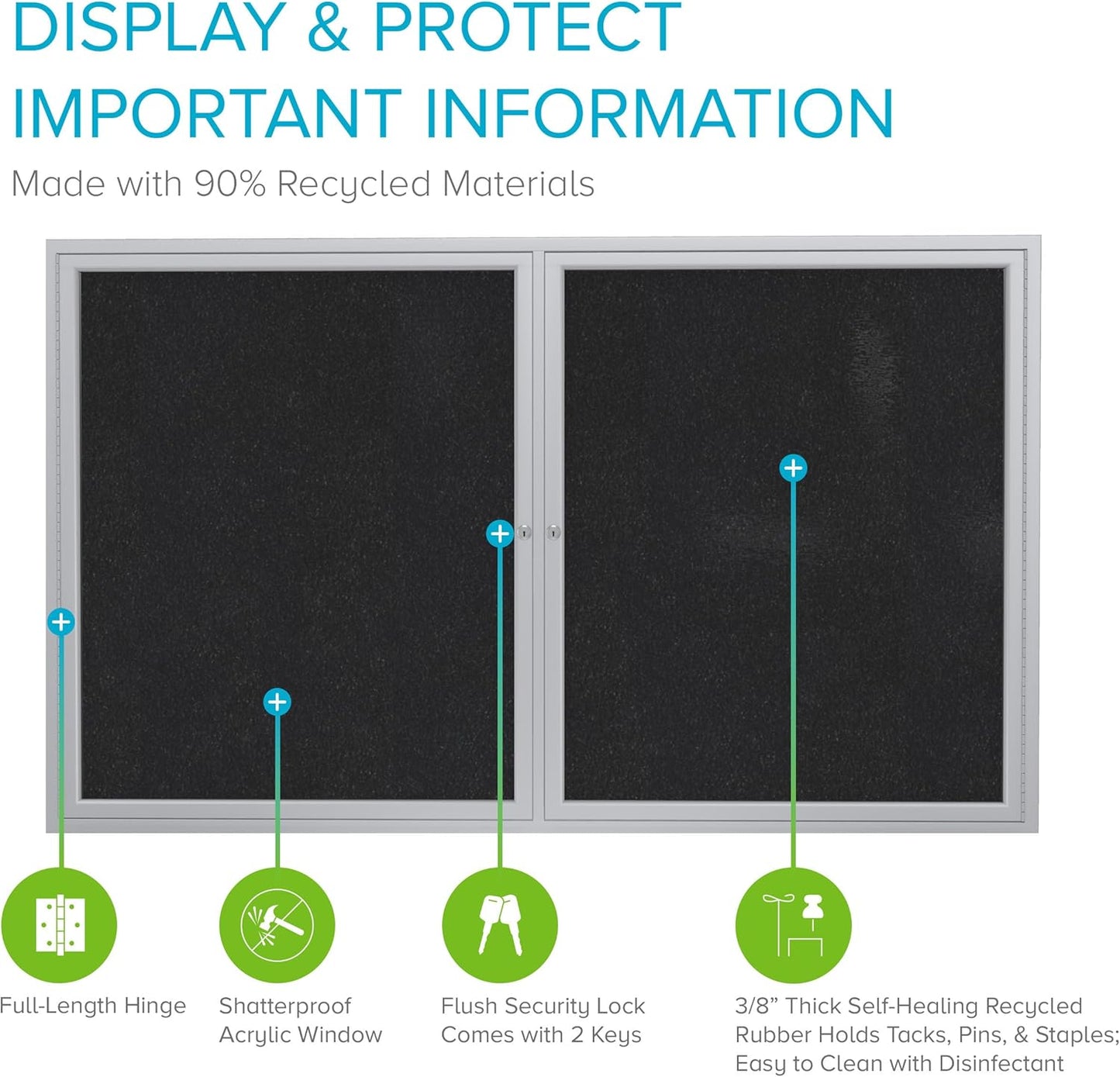 Ghent 36" x 48" 2-Door indoor Enclosed Recycled Rubber Bulletin Board, Shatter Resistant, with Lock, Satin Aluminum Frame,Black (PA234TR-BK) ,Made in the USA