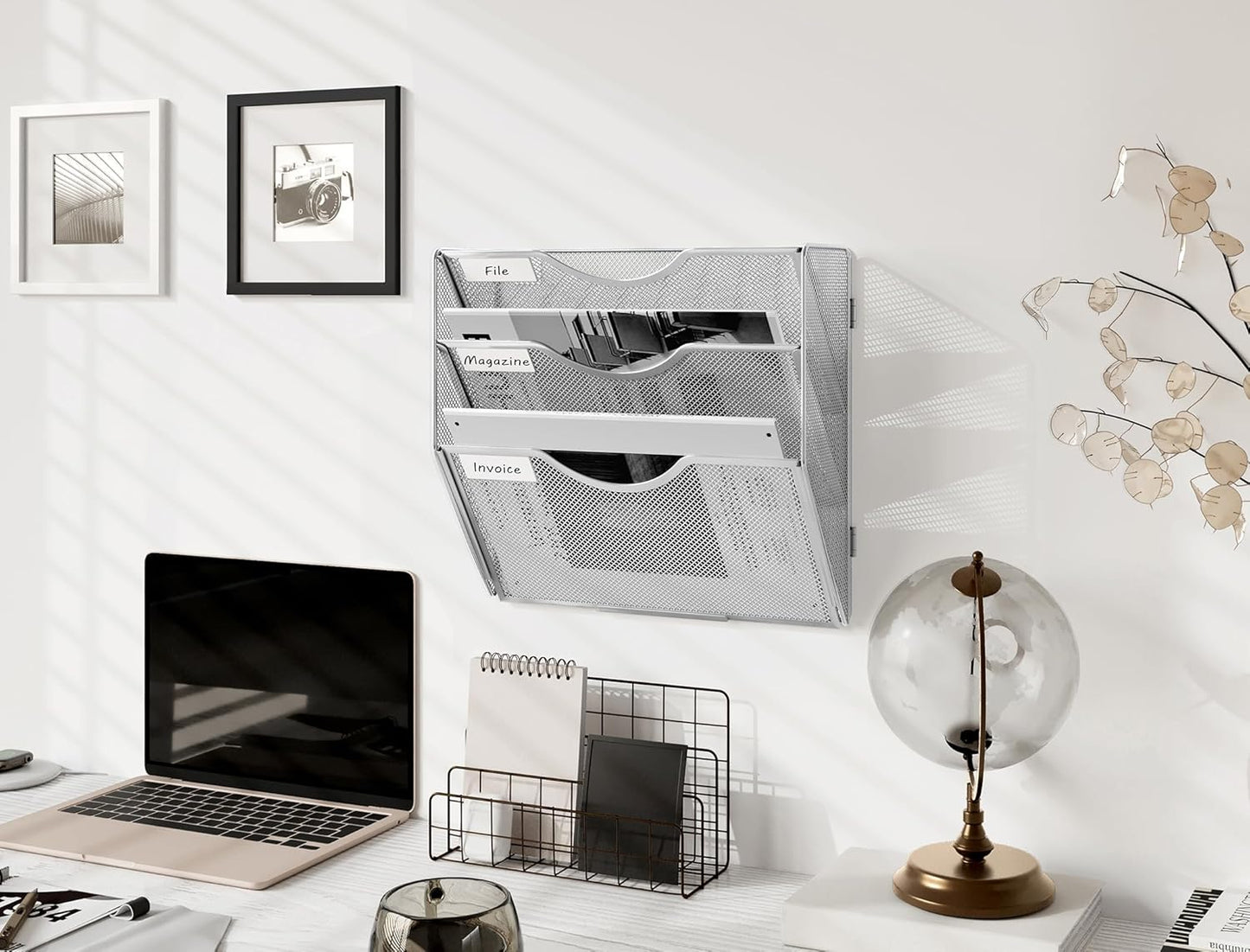 EasyPAG Wall File Holder Organizer 3 Pocket Mesh Hanging Wall Mounted Document Paper Folder Filing Magazine Rack with Nametag Label for Office Home School, Sliver