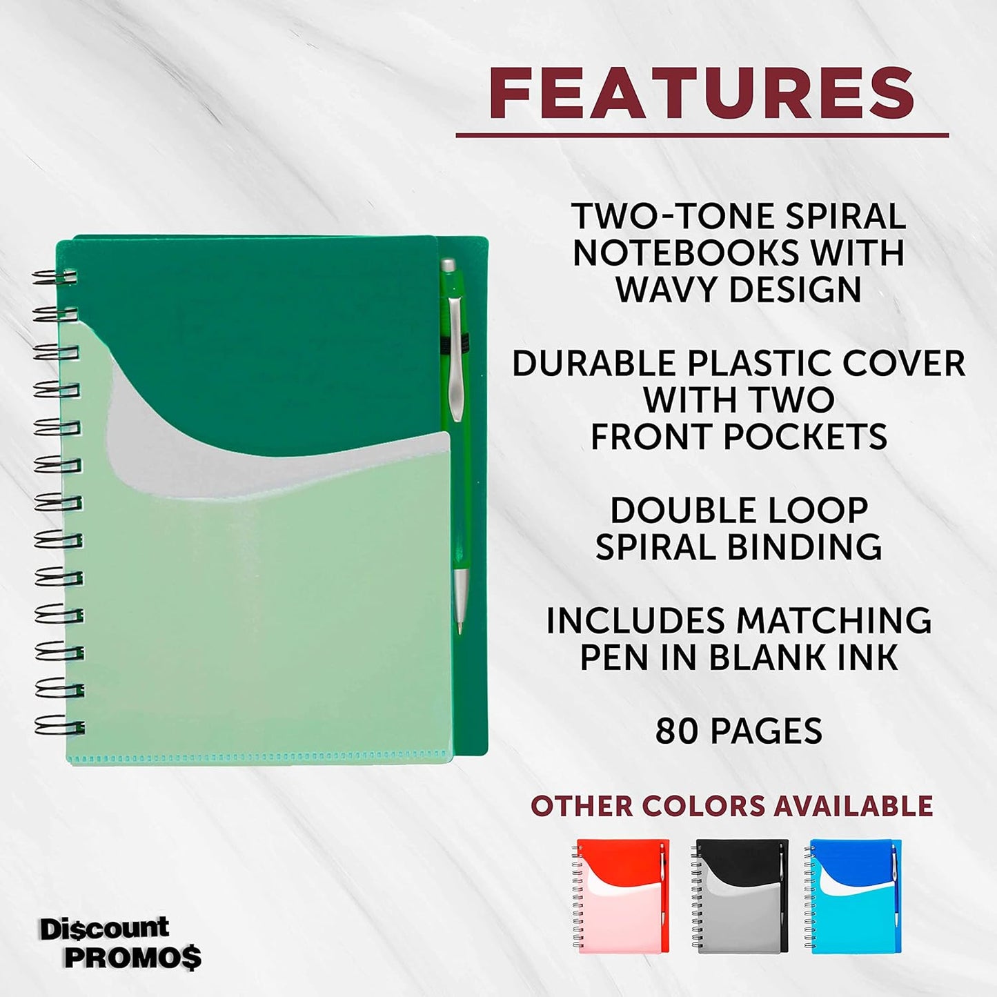 DISCOUNT PROMOS Spiral Notebooks with Front Pocket Set of 10, Bulk Pack - Durable Plastic Cover, Includes Matching Pen in Blank Ink, Perfect for School, Office, Home - Green