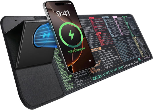 Wireless Charging Mouse Pad with Foldable Phone Stand &Excel Shortcut Keys 15W Qi Fast Charging Desk Mat XXL Non-Slip Surface for Gaming/Office, Compatible with Qi-Enabled Phones (31.5x11.8x0.16inch)
