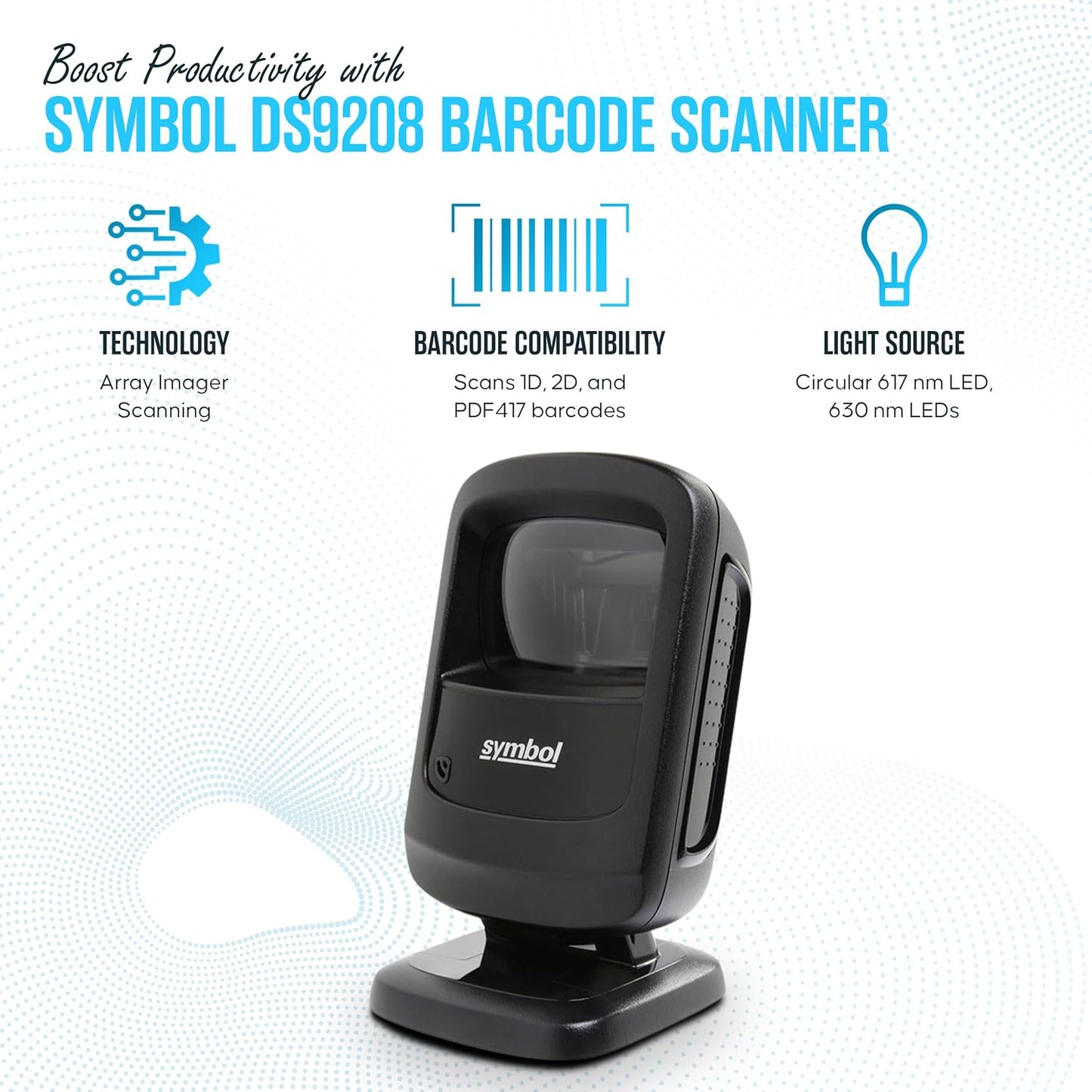DS9208 Zebra Symbol Digital Handsfree 1D/2D Barcode Scanner with USB Cable & Microfiber Cleaning Cloth - High Performance Scanning, Compact Design, Standard Range (Renewed)