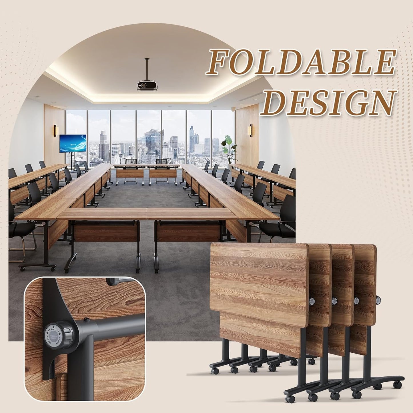Folding Conference Room Table, Modern Conference Tables with Silent Wheels, Large Rectangular Mobile Training Tables for Office Classroom, Foldable Modular Boardroom Seminar Table (6pack L63in)