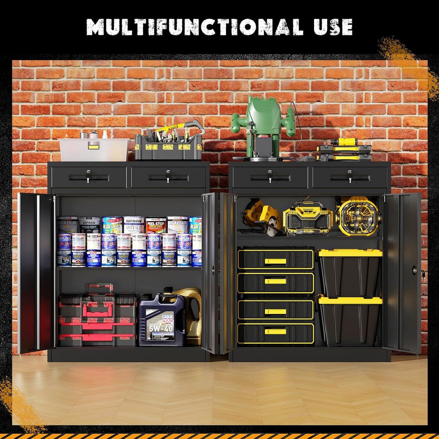 Greenvelly Metal Storage Cabinet with Drawers, 36' Black Steel Garage & Office Storage with Doors and Adjustable Shelves, Locking Metal Tool Cabinet