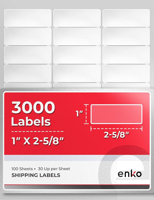 enKo 1 x 2-5/8 Inch 30 Up Return Mailing Address Labels White Printable FBA Labels (100 Sheets, 3000 Labels)