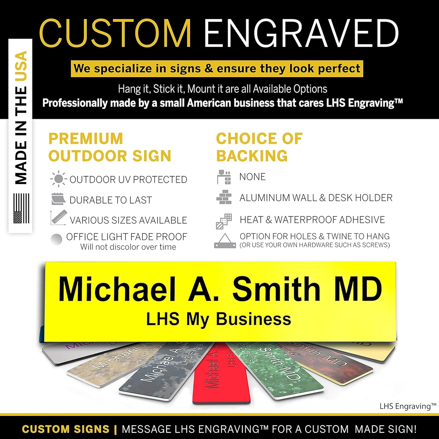 Door Name Plate Personalized for Office Yellow Plastic Name Plate Black Letters - Made in USA 2x4 B4