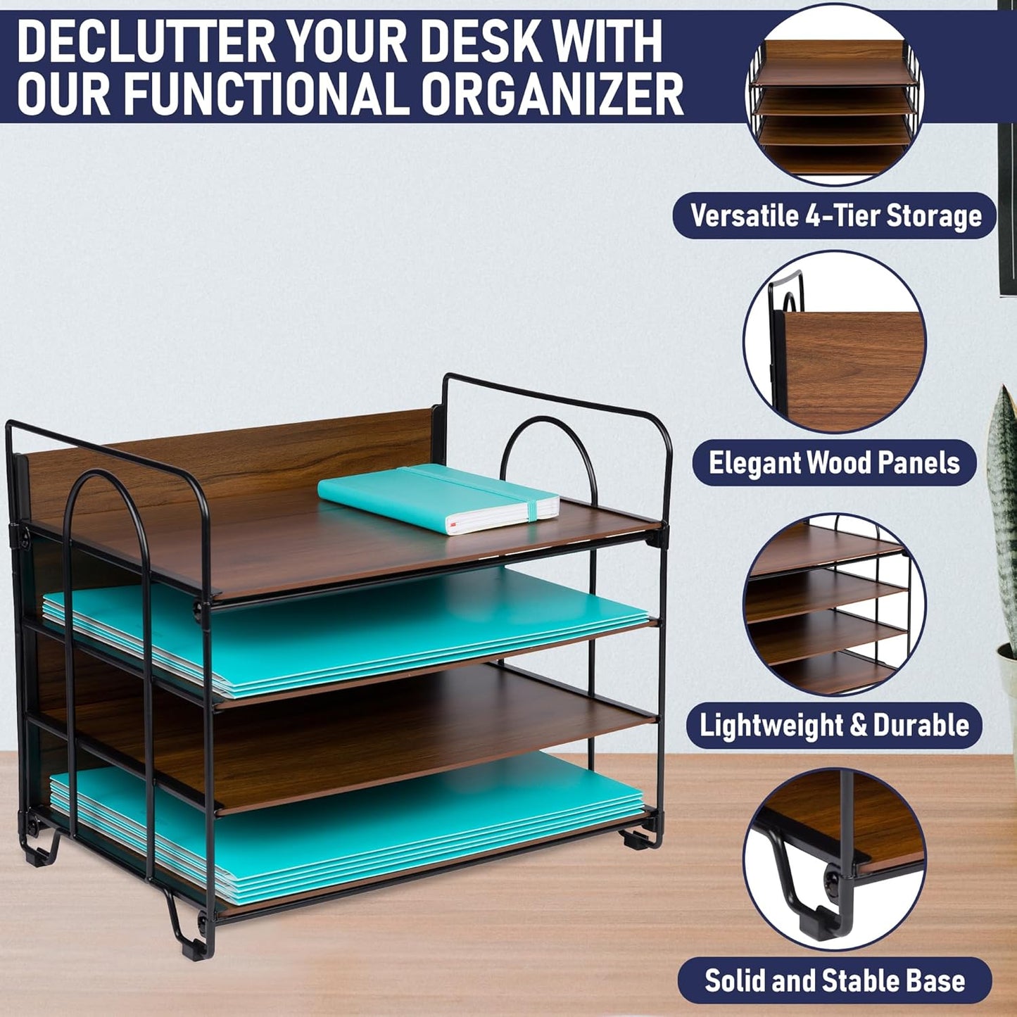4-Tier Office Organizer, Desk File Organizer with Wood Patterned Shelves, Office Supplies Desktop Organization for Storage of Paper, Bills, Letters, Multi-Functional Desk Organization and Accessories
