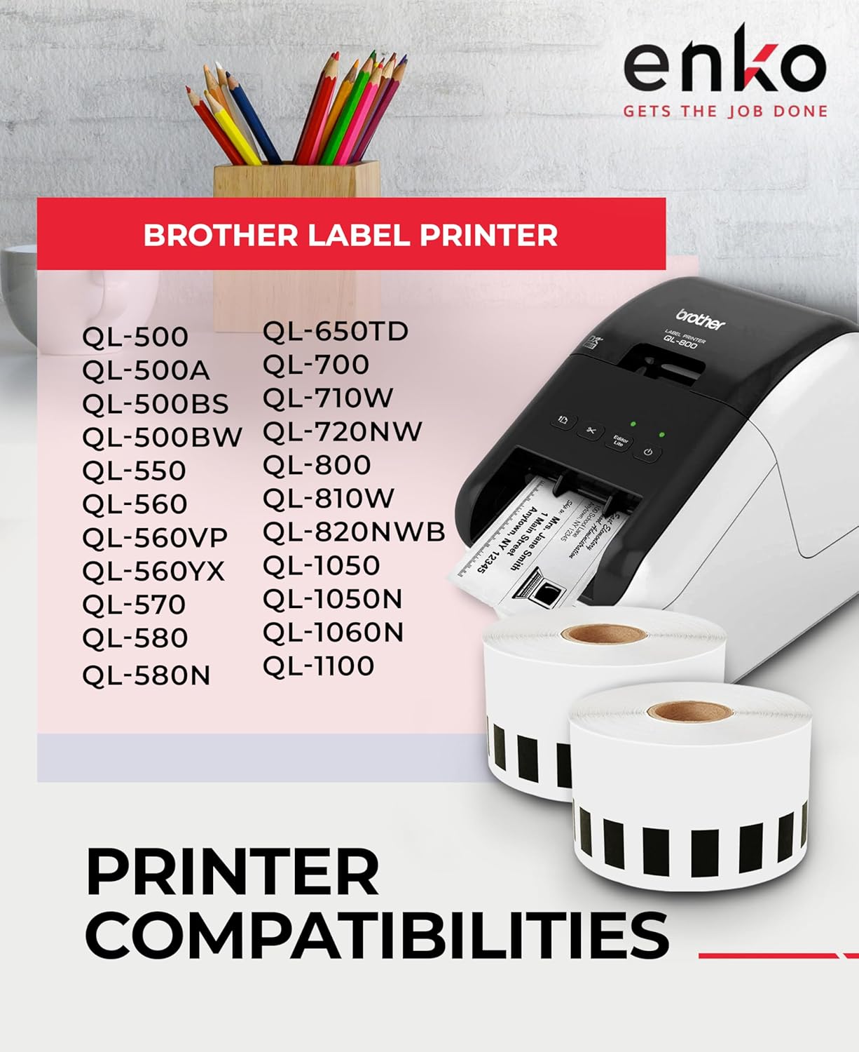 enKo - Compatible DK-2205 Continuous Paper Labels (2.4 Inch x 100 Feet) Compatible for Brother QL Label Printers - 24 Rolls with 8 Refillable Cartridge Frames