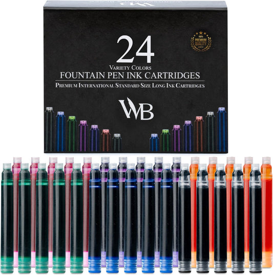 Wordsworth & Black 24 Pack Fountain Pen Ink Refills - SET OF 24 ASSORTED COLORS Ink Cartridges - International Standard Size - Length Appr 1.5" - Base Diameter Appr 0.24" - Disposable and Generic