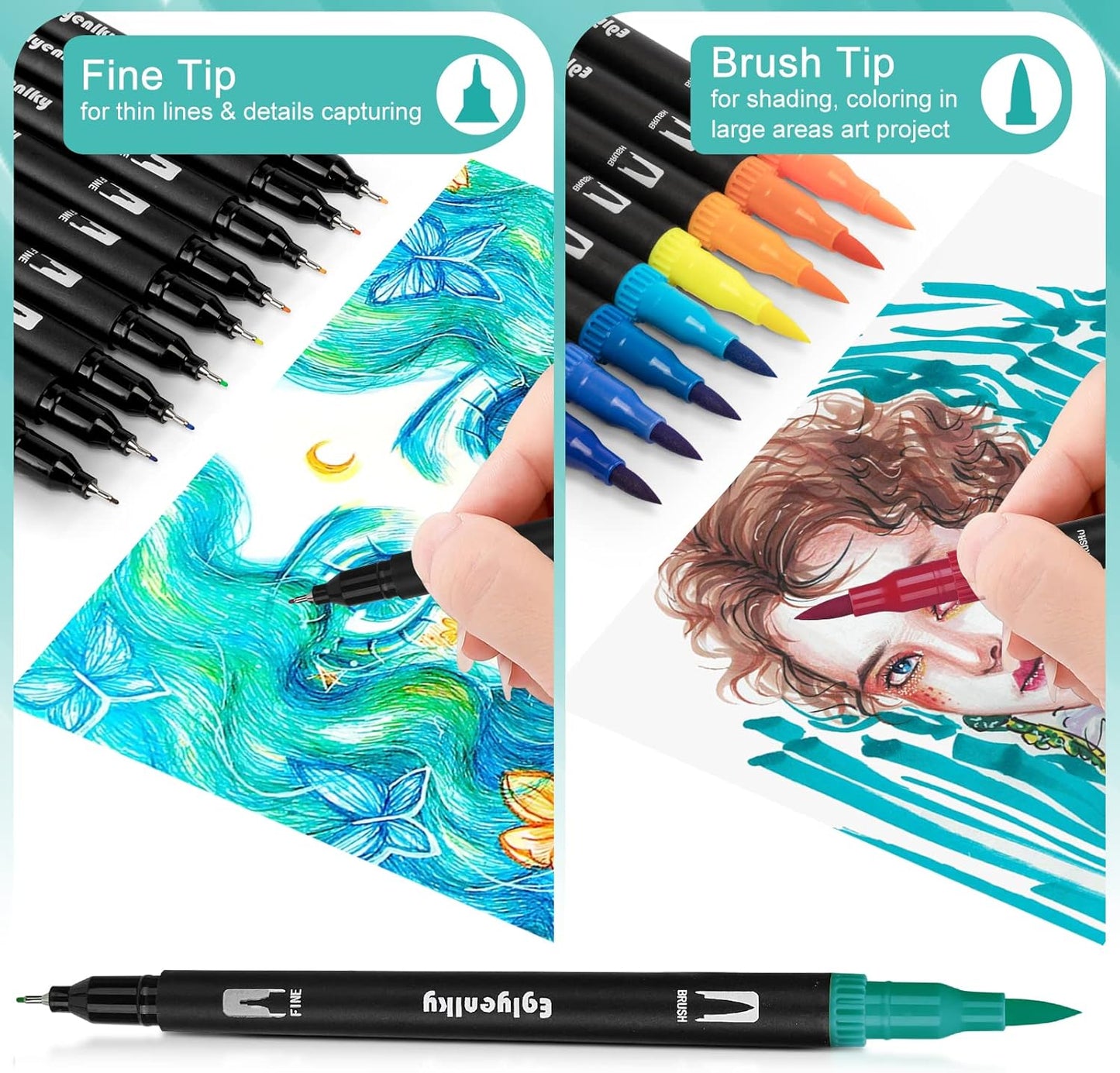 60 Coloring Pens for Adult Coloring Books, Dual Tip Brush Pens, Felt Markers with Fine and Brush Watercolor Marker Set for Kid Adult Artist Drawing