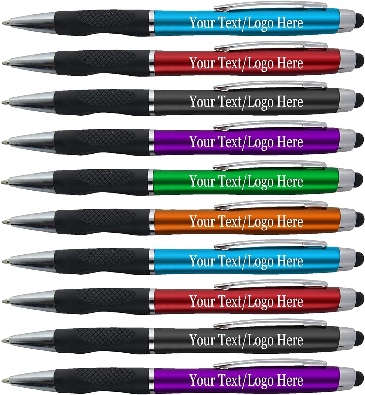 Personalized Pens With your Custom Logo or Text-300 Pack Bulk-for Businesses, Parties, and Events, 2 in 1 Ballpoint Pen + Capacitive Stylus for Touchscreen Devices, Dark Assorted Barrels, Blue Ink