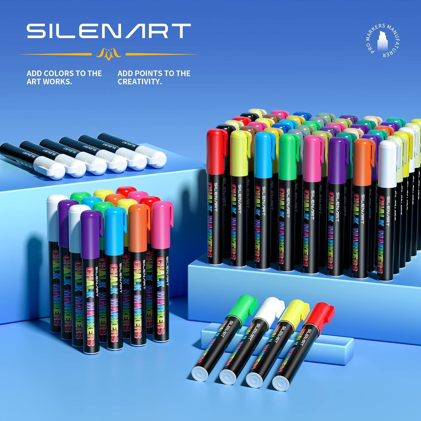 SILENART Chalk Markers for Blackboard - 24 Pack - 8 Neon & 8 Metallic & 8 Vintage Chalkboard Marker - Erasable Pen for Windows, Glass, Whiteboard and Dry Erase Board