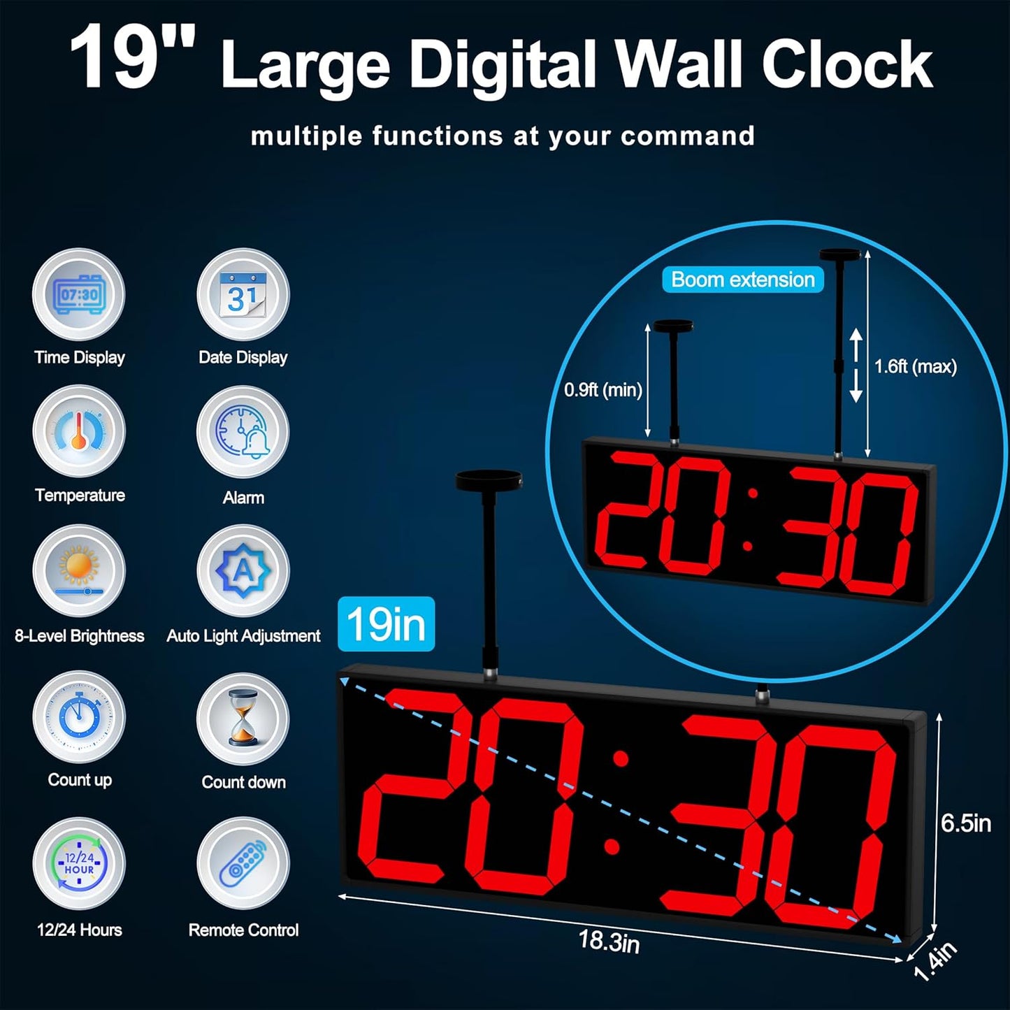 Digital Clock Large Display 19" with Remote Control,Double-Sided Clock, Suspended Design for Hospitals, Factories, Airports.
