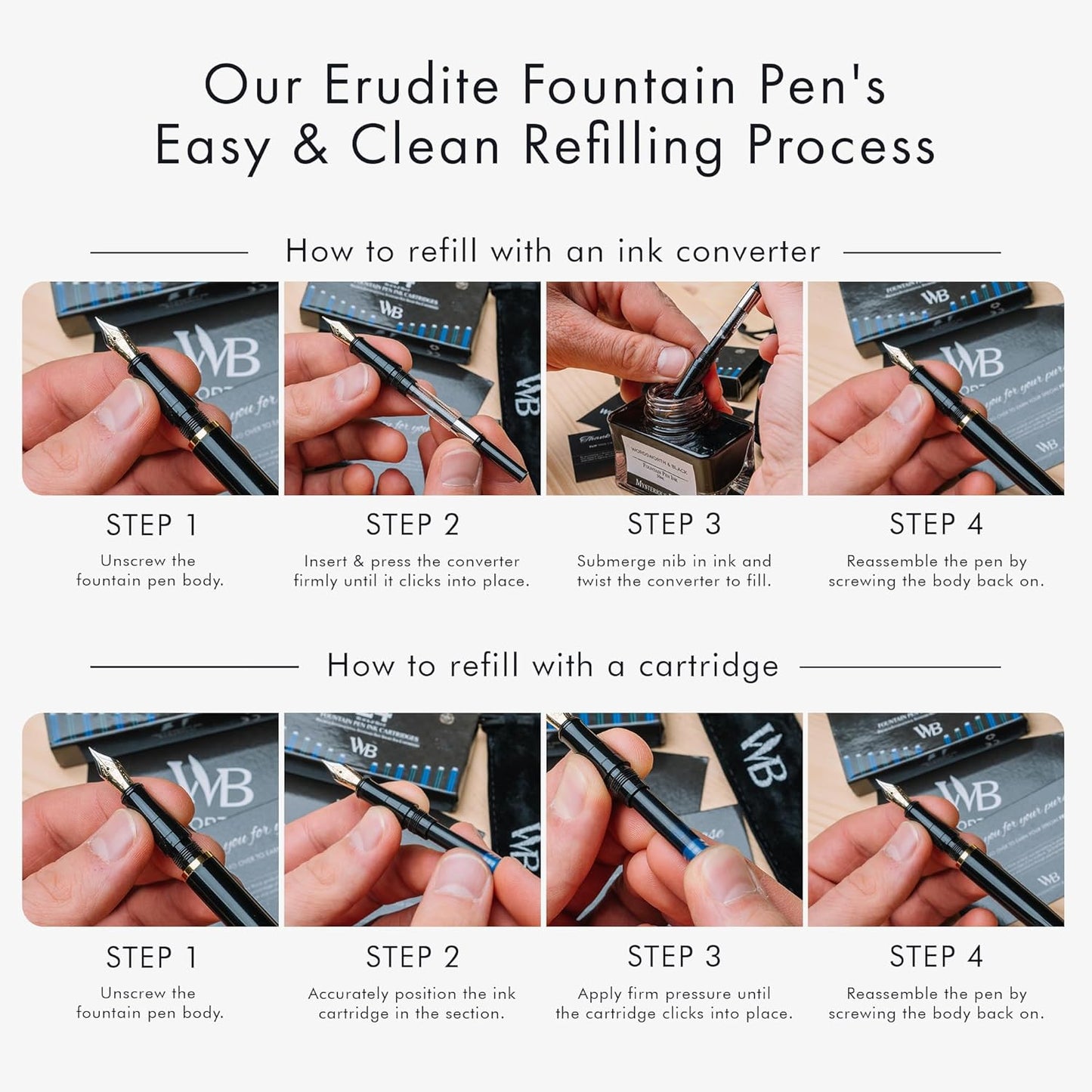 Wordsworth & Black Fountain Pen Set, 18K Gilded Medium Nib, Includes 24 Pack Ink Cartridges, Ink Refill Converter & Gift Pouch, Gold Finish, Calligraphy, [Black Gold], Perfect for Men & Women