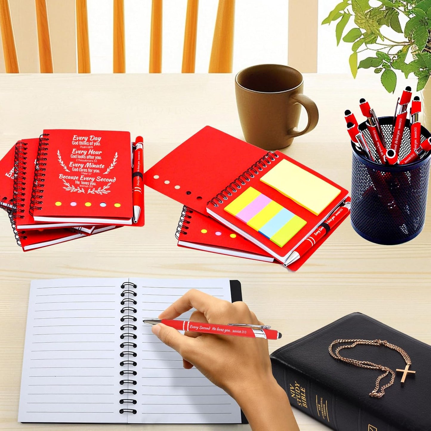 100 Pcs Bulk Fathers Day Christian Gifts Prayer Journal for Woman - 50 Set Religious Notepad with Christian Pen - Bible Notebook - Church Gifts for Inspirational, Bible Study, Devotions ( Red )