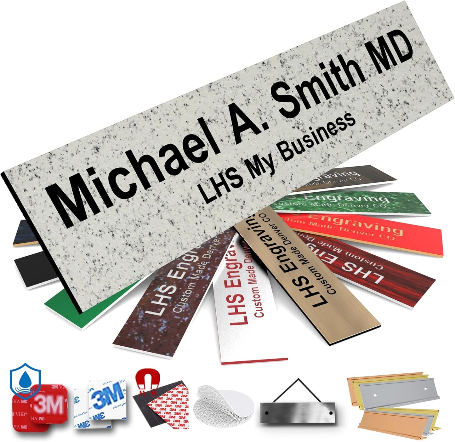 Door Name Plate Personalized for Office Stone Granite Plastic Name Plate Black Letters - Made in USA 2x4 S3
