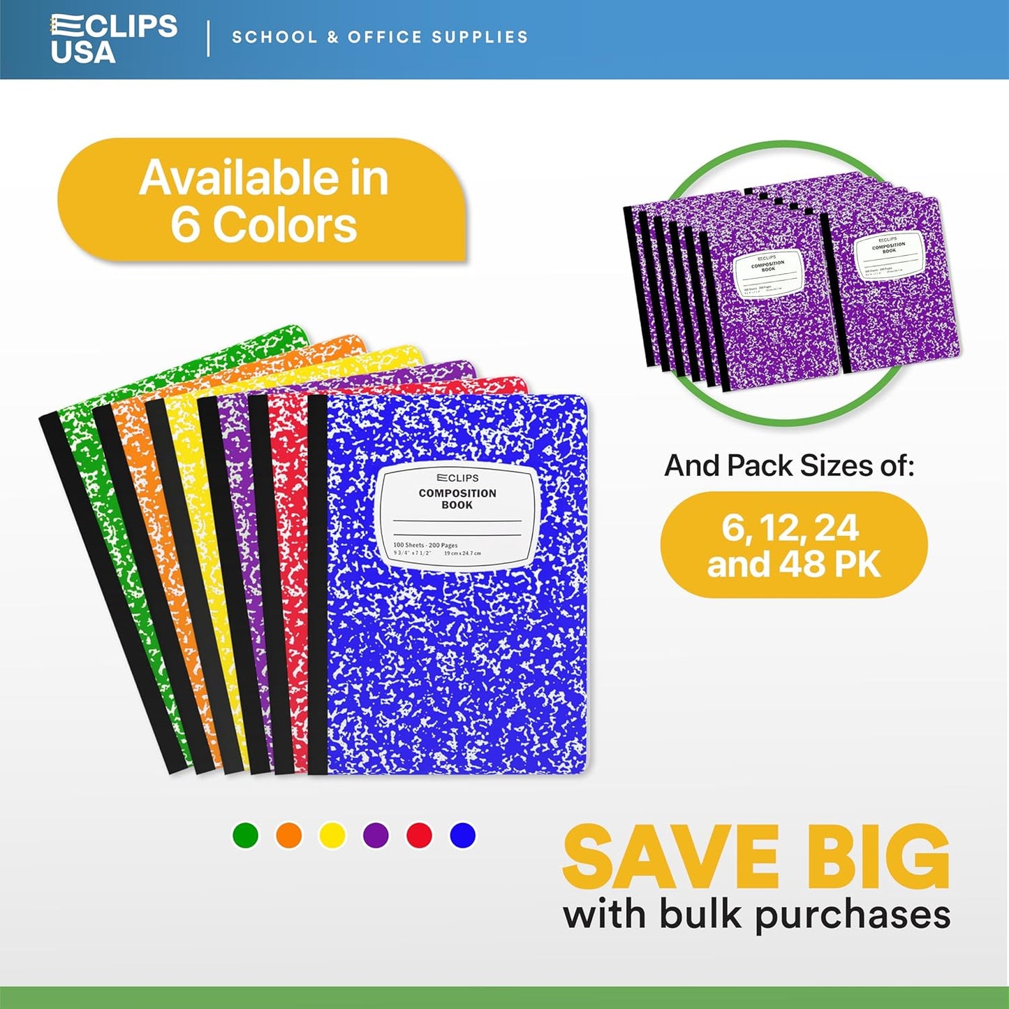 E-CLIPS USA Composition Notebooks, (48 Pack), Wide Ruled Composition Notebook, Marble Composition Notebook, 100 sheets, 200 Pages (48, Purple)