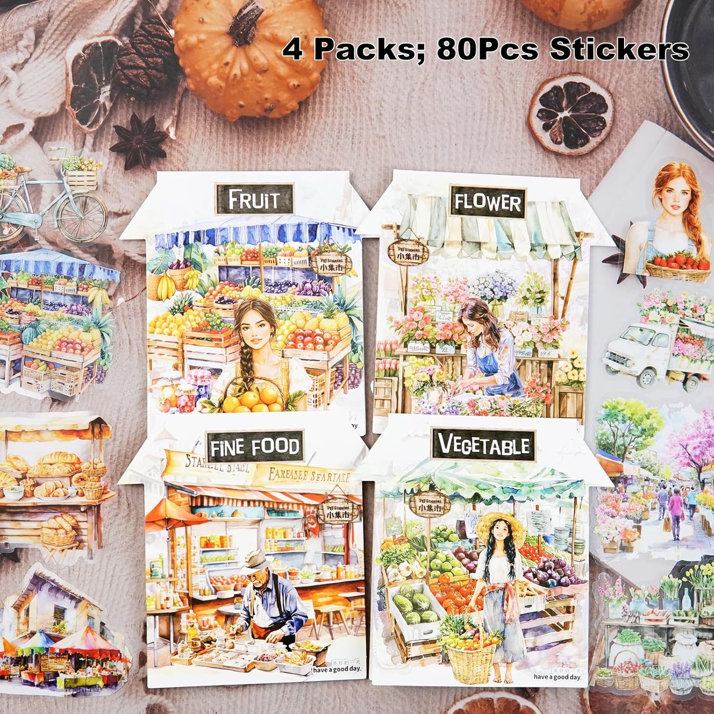 Farmers Market PET Stickers, 80PCS Bazaar-Themed Journal Supplies for Scrapbooking, DIY Crafts, and Planner Embellishment