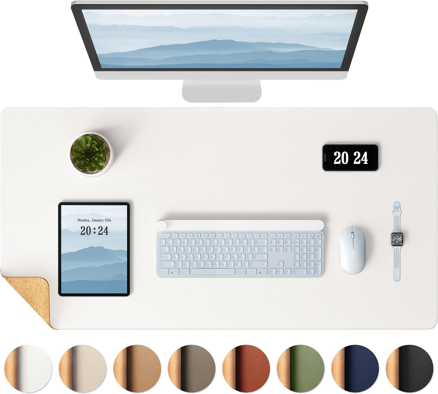 Aothia Dual-Sided Desk Pad - Leather Desk Mat, Natural Cork Desk Pad Protector, Large Mouse Pad for Desk, Waterproof Desk Blotter Pad, Desk Writing Pad for Office Work/Home, Off-White (37.8"x17")