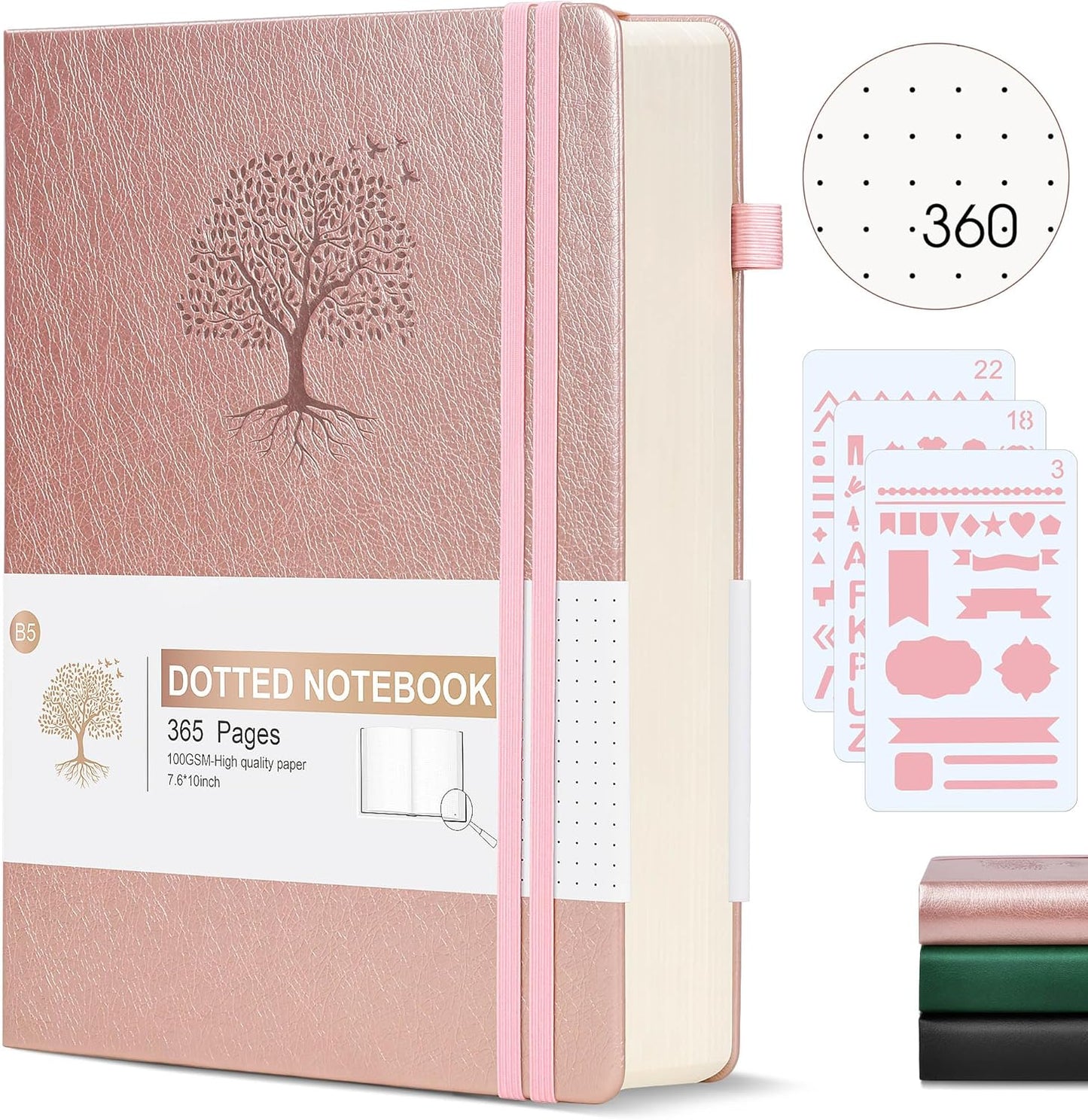 Dotted Journal Notebook, 360 Numbered Pages Bullet Dot Grid Journals, 100gsm Dot Paper Thick Hardcover Leather Journal for Writing Women Men, B5 Big Dotted Grid Notebooks 7.6'' X 10'' Pink