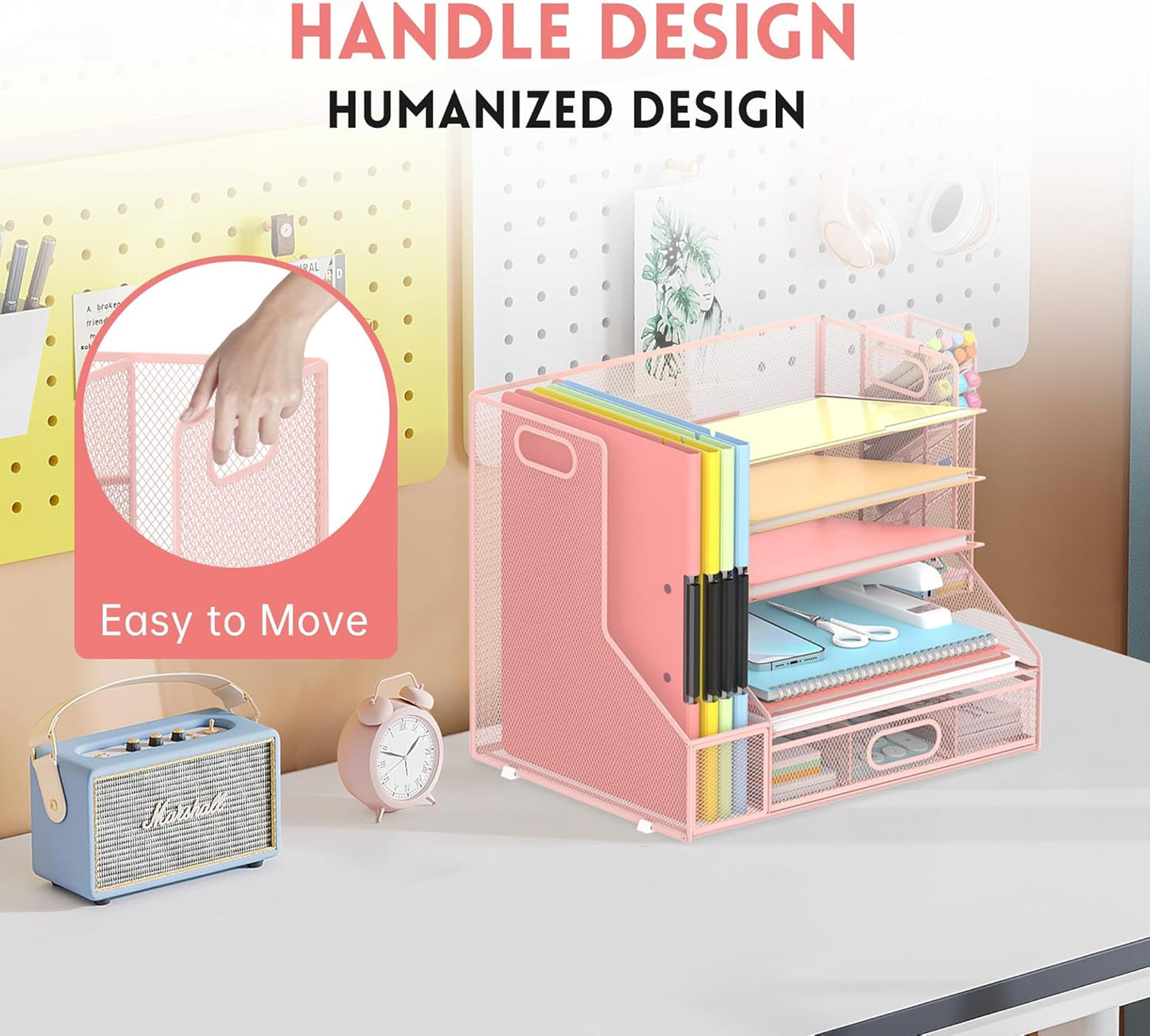 DALTACK Mesh Desk Organizer, 5-Tier Paper Letter Tray with File Holder & Pen Holder & Sliding Drawer, Desktop Organizer and Storage for Desk Accessories Office Supplies, Pink