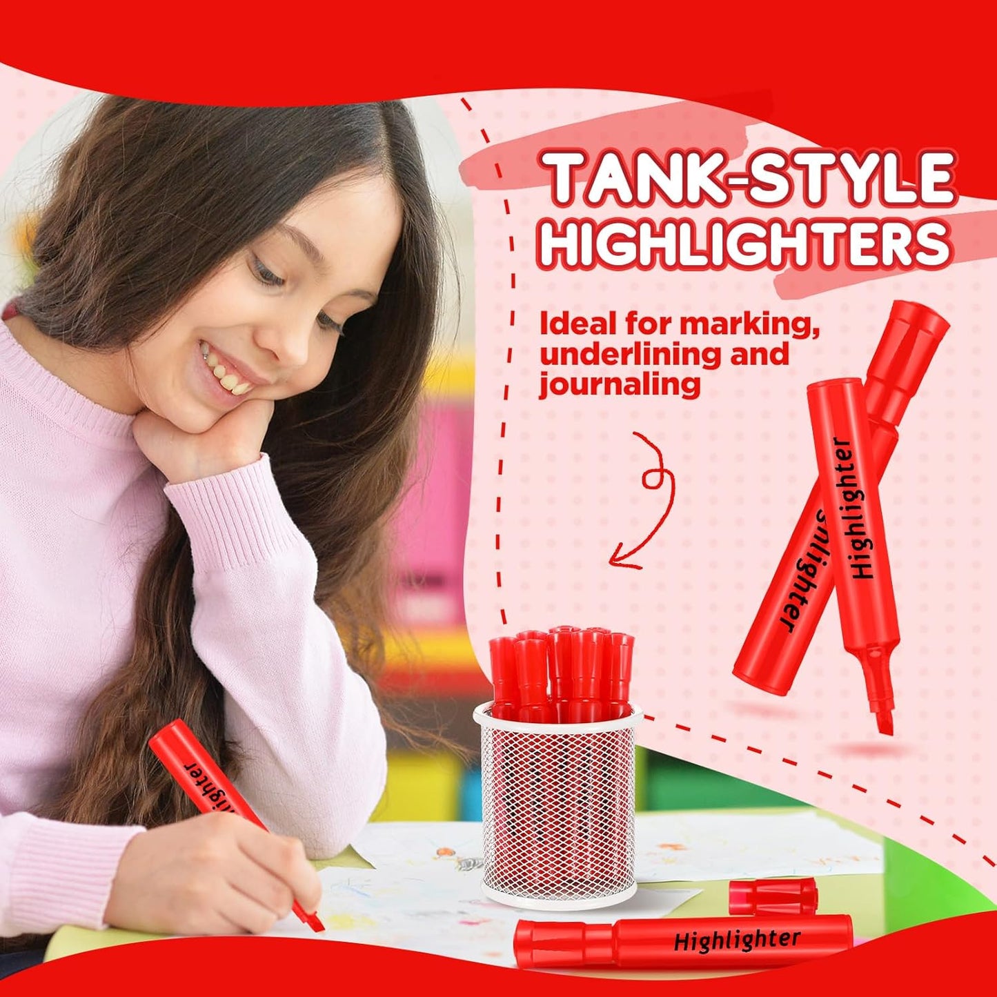 Qilery 30 Pack Highlighters Bulk, Tank Style Chisel Tip Highlighters Markers Quick Drying for Kids and Adult Coloring, Classroom Home Office School Supplies (Red)