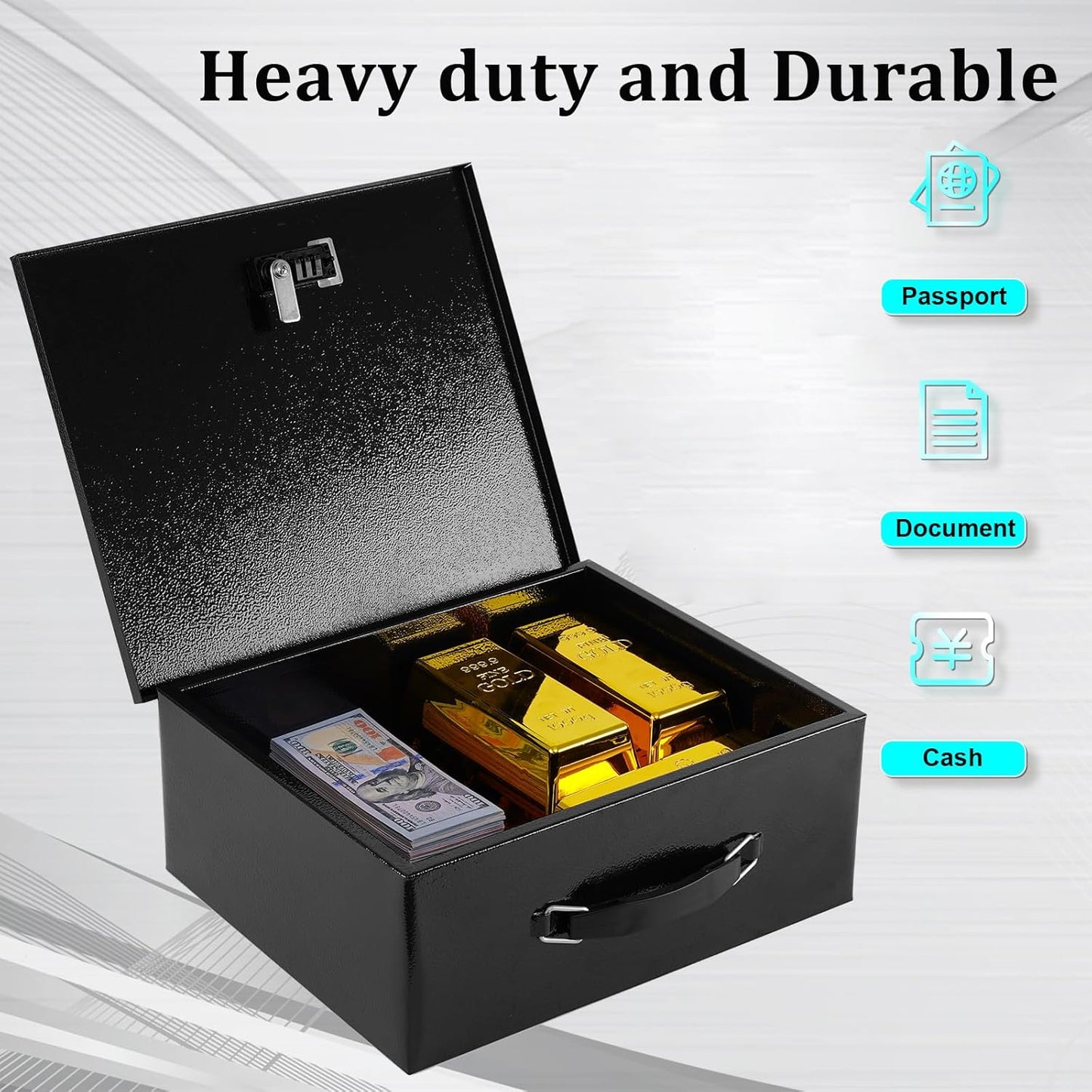 Dalmbox Portable Metal Safe Box with Dual Combination and Key Lock - Fire Resistant Storage for Documents, Car, Home and Outside - X Large 13.2"x 11"x 5.1" Black Box