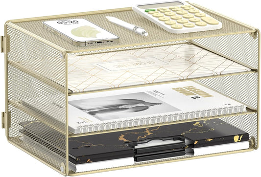 DALTACK 3 Tier Letter Tray Paper Organizer Mesh Metal Desk File Organizer for Home & Office, Golden Yellow