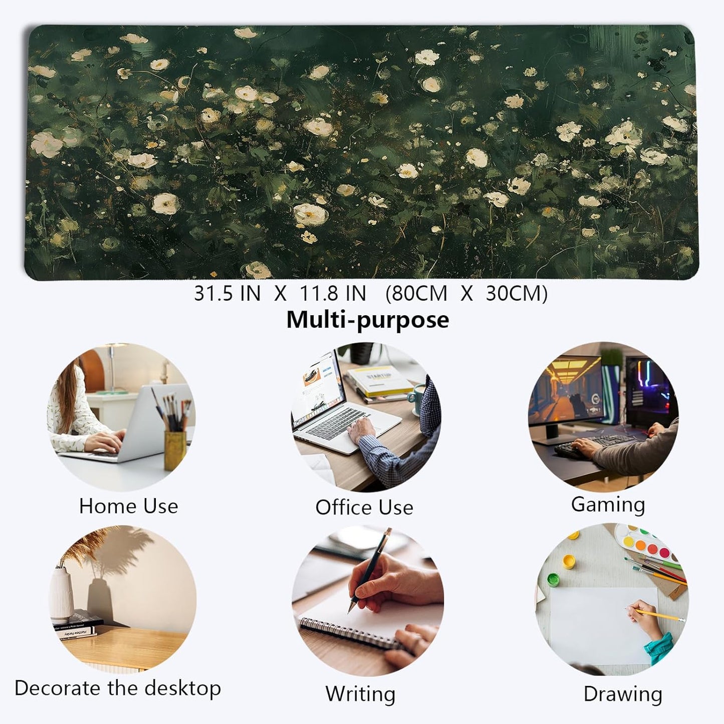 Green Yellow Floral Desk Mat,Green and Yellow Mouse Pad, Abstract Floral Spring Desk Mat,Big Large Spring Abstract Oil Painting Desk Pad,Preppy Girly Summer Desktop Decor Art,31.5x11.8In