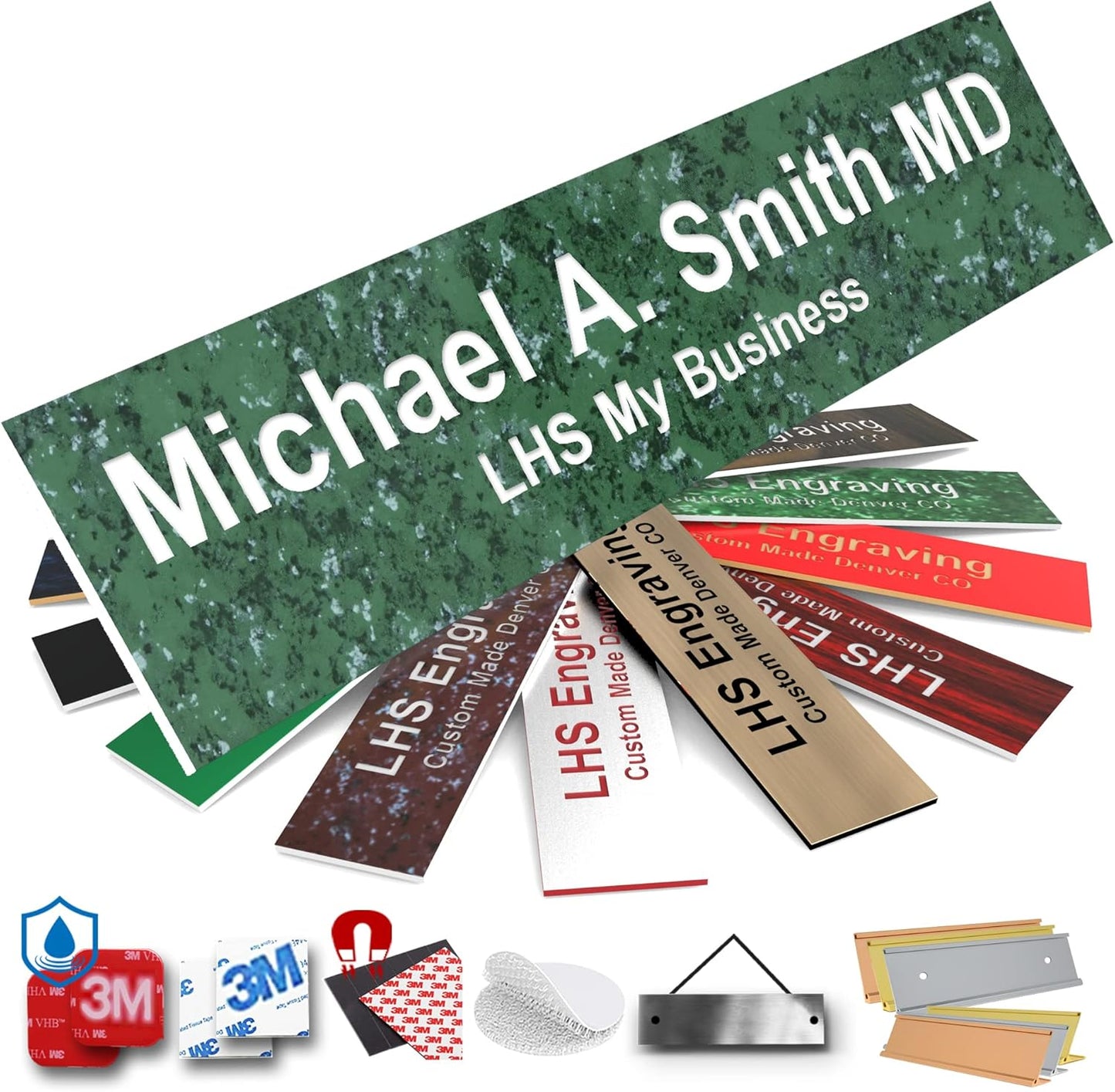 Engraved Name Plates for Door Sign Personalized Green Marble Plastic Plaque with White Letters - Made in USA 2x8 S4