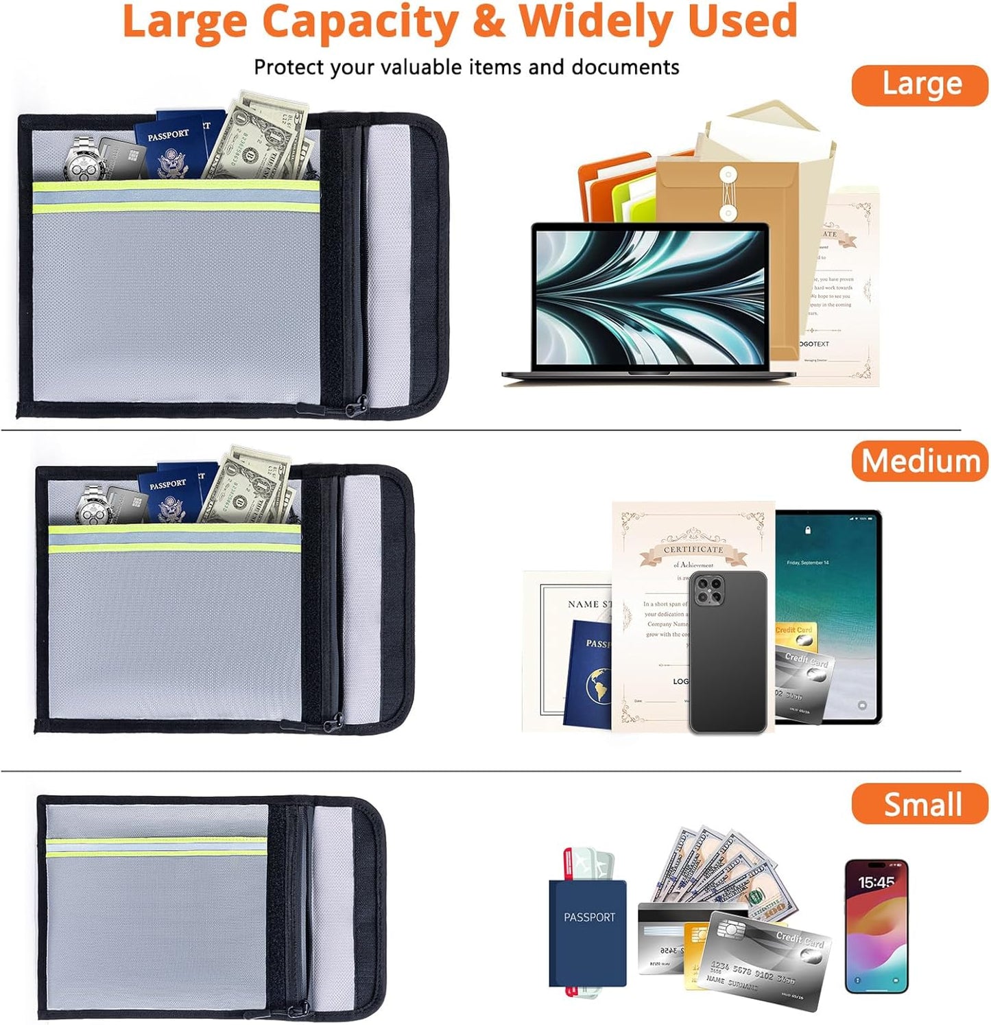 Fireproof Document Bag 3 Pack (15"x11", 13"x10", 10"x8") – Fireproof & Waterproof Money Bags with Zipper & Reflective Strip | Document Holder for Cash, Passports, Birth & Marriage Certificates