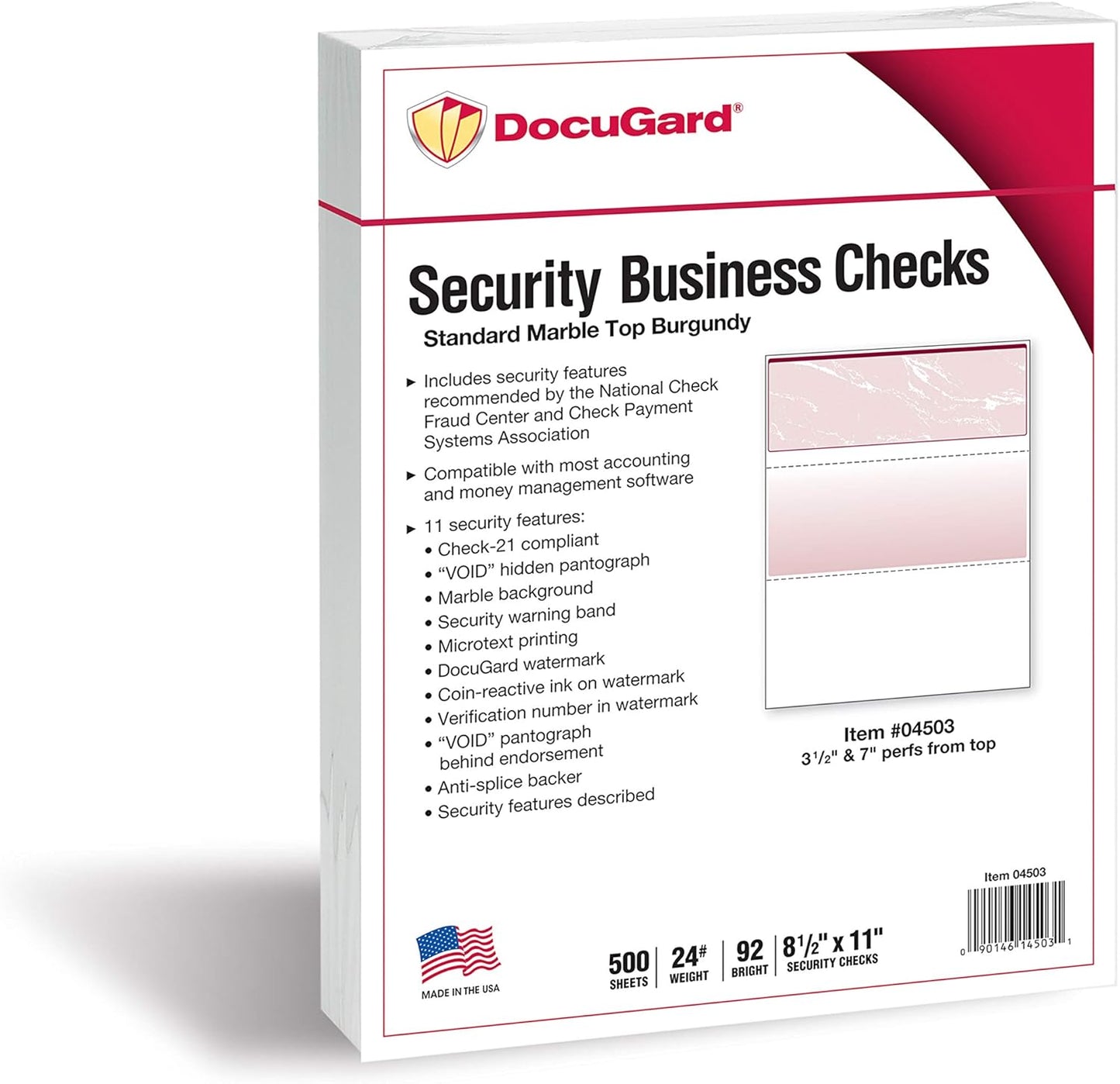 DocuGard Standard Burgundy Marble Top High Security Check Paper - Laser/Inkjet Printer Compatible - 11 Security Features - 500 Blank Business Checks (04503)