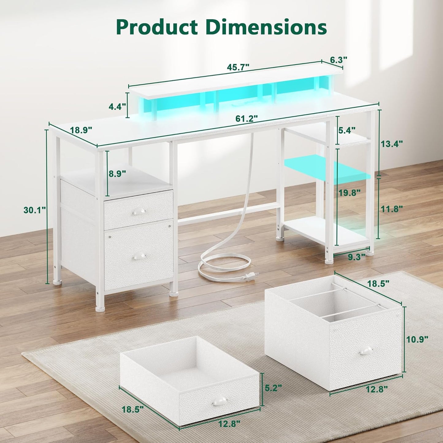 Furologee 61" Computer Desk with Power Outlet and LED Lights, Reversible Gaming Desk with File Cabinet & Monitor Stand for Home Office, Large Work Table with Storage Shelves & Drawer, White