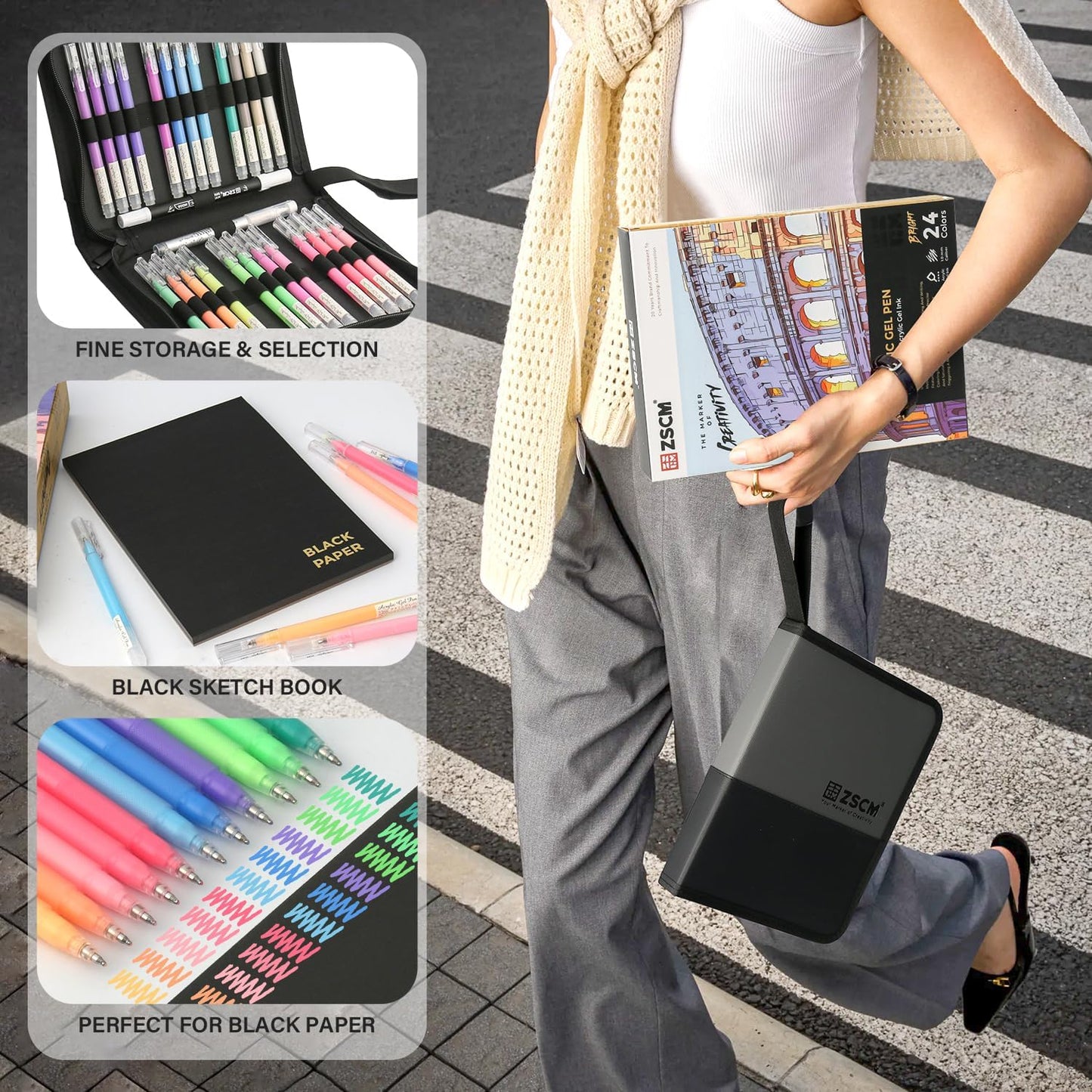 24 Colors 3D Acrylic Gel Pens & Black Paper Sketchbook for Drawing, 1mm Fine Point Acrylic Ink Pen, Opaque Archival Bright Ink Pens for Black Paper Drawing, Sketching, Illustration, Card Making