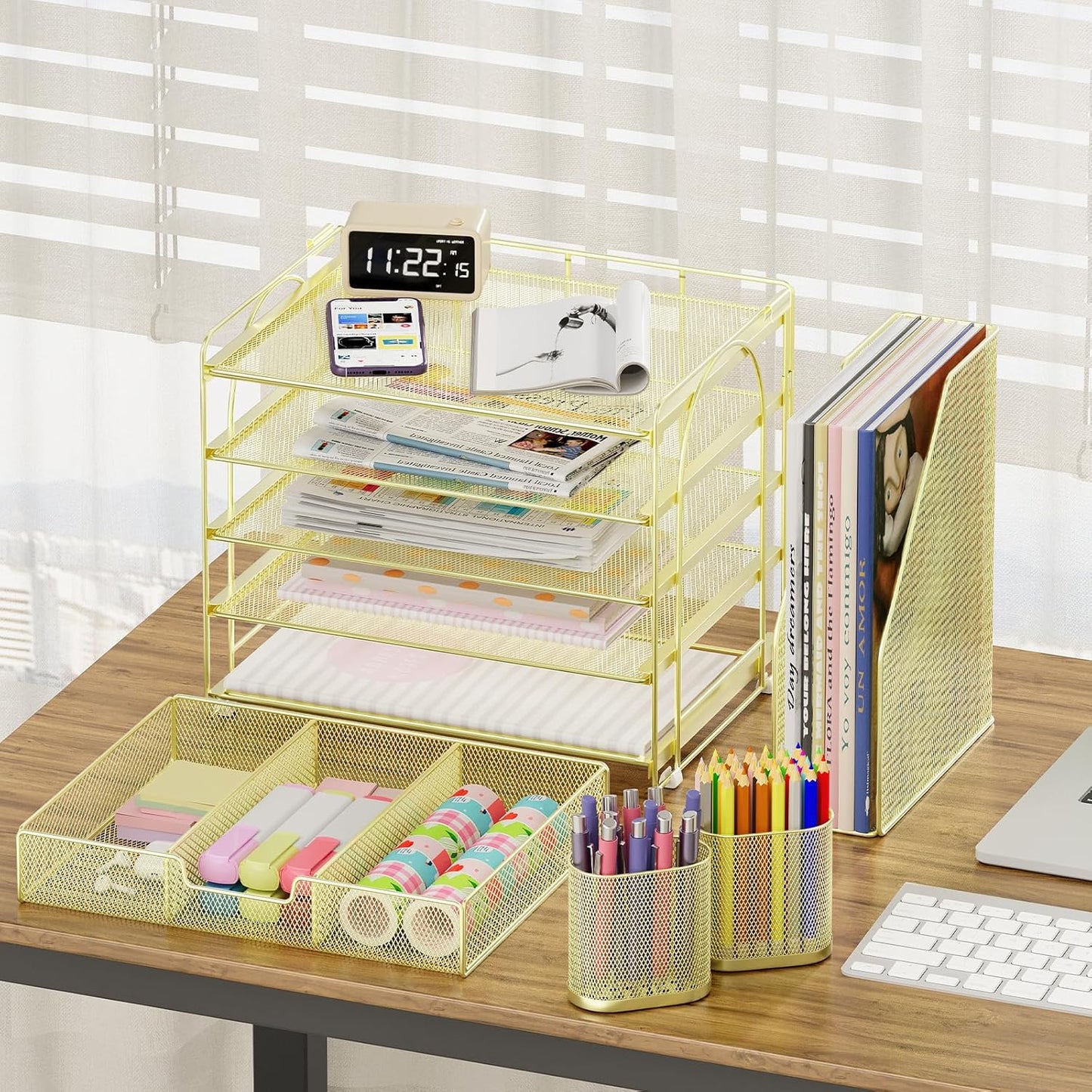 Desk Organizers and Accessories, 5-Tier Paper File Organizer with Drawer & Pen Holder, Office Desk Accessories Workspace Desktop Organizer for Office Supplies(Gold)