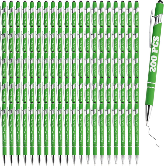Personalized Pens Bulk 200 with Name Custom Engraving Ballpoint Pens with Stylus Tip Customized Smooth Writing Pens Personalized Gifts for Anniversary Birthday or Graduation(Light Green,Black Ink)