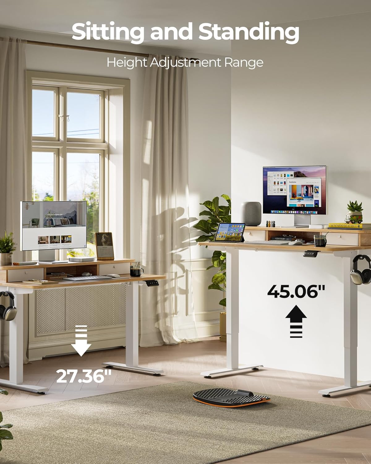 FEZIBO 60 x 24 Inch Height Adjustable Electric Standing Desk with Double Drawer, Computer Desk, Home Office Stand Up Table with 4 Height-Adjustable Feets & 2 Hooks, Maple