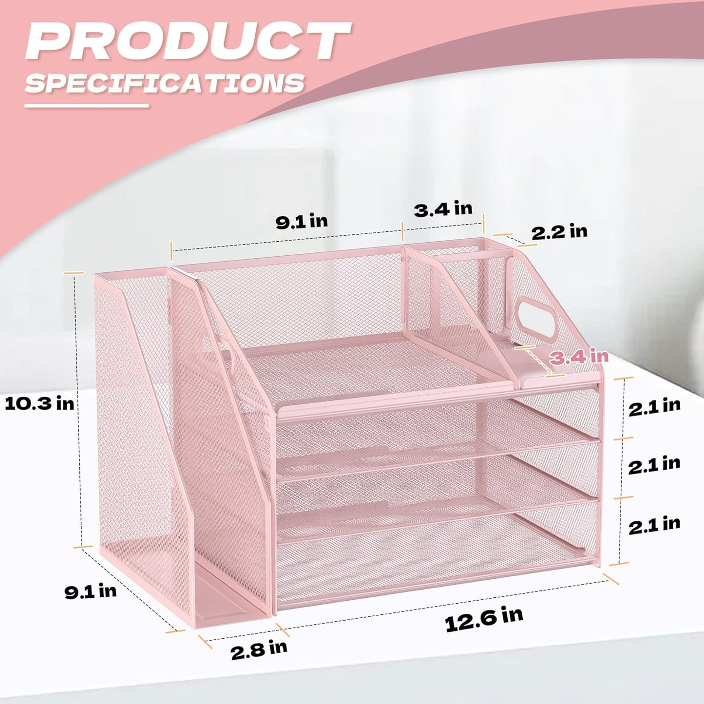 DocNest 4 Tier Paper Letter Tray File Organizer, Mesh Desk File with Handle, Workspace Desk Organizers with Pen Holder, Office Organization Storage Accessories - Pink