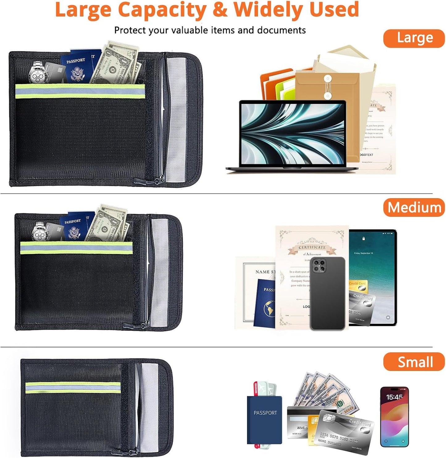 Fireproof Document Bag 3 Pack (15"x11", 13"x10", 10"x8") – Fireproof & Waterproof Money Bags with Zipper & Reflective Strip | Document Holder for Cash, Passports, Birth & Marriage Certificates