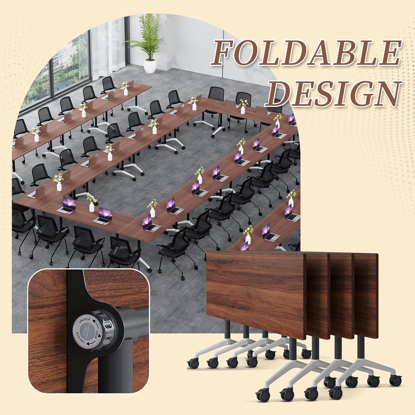 Folding Conference Room Table, Modern Conference Tables with Wheels, Large Rectangular Mobile Training Tables for Office Classroom, Foldable Modular Boardroom Seminar Table (8pack L63in)