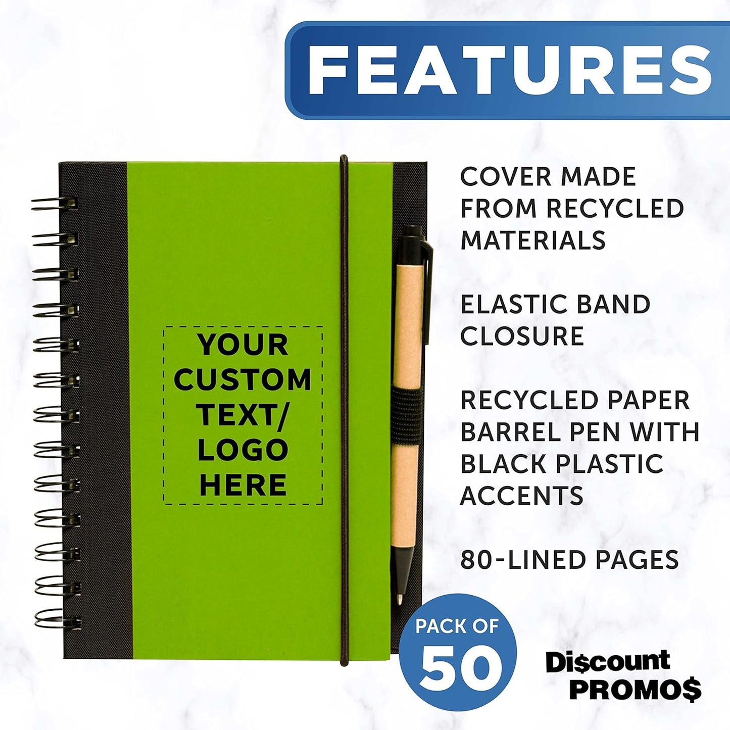 DISCOUNT PROMOS Custom Eco Block Notebooks with Pens Set of 50, Personalized Bulk Pack - Perfect for School, Office, Business, Home - Lime Green