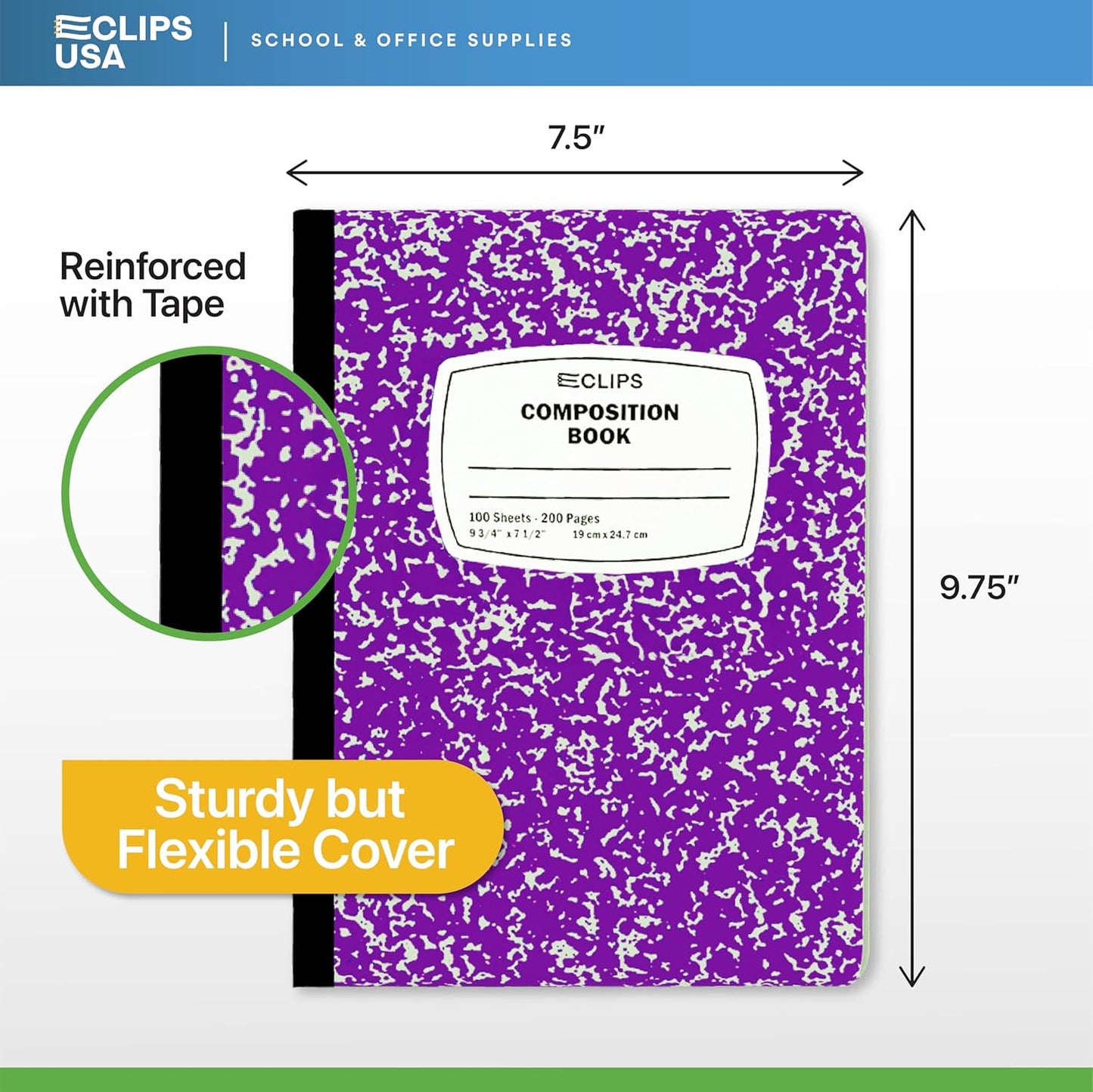 E-CLIPS USA Composition Notebooks, (6 Pack), Wide Ruled Composition Notebook, Marble Composition Notebook, 100 sheets, 200 Pages (6, Purple)